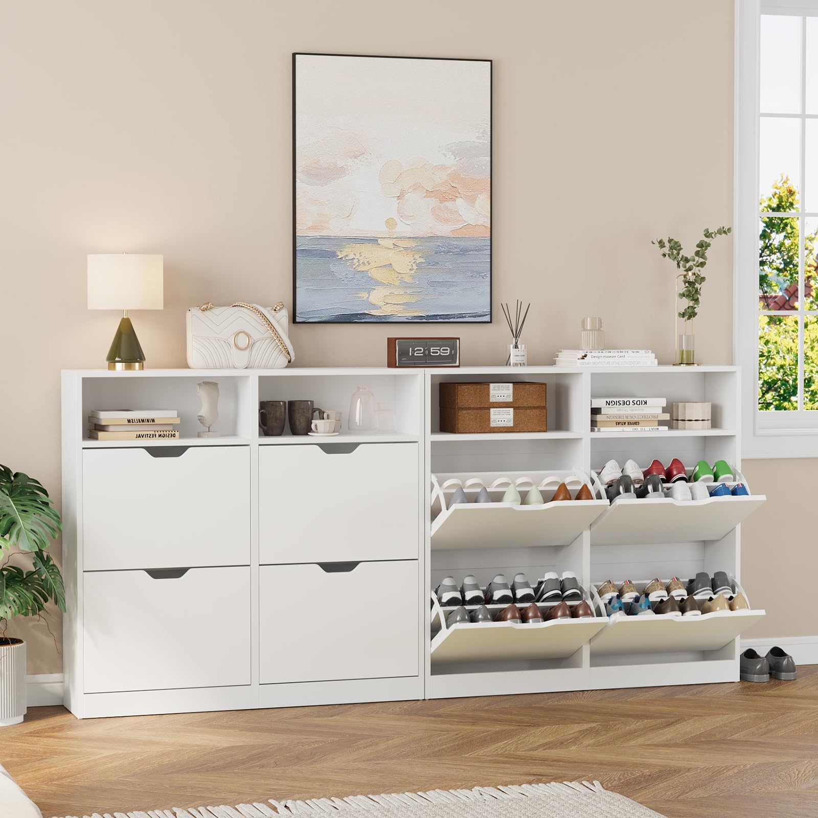 VOWNER Zapatero Entrada Recibidor, Zapatero Estrecho Blanco con 4 Puertas, 105 x 24 x 100 cm (Largo x Ancho x Alto), Madera, con Compartimento, para Entrada Estrecha, Pasillo