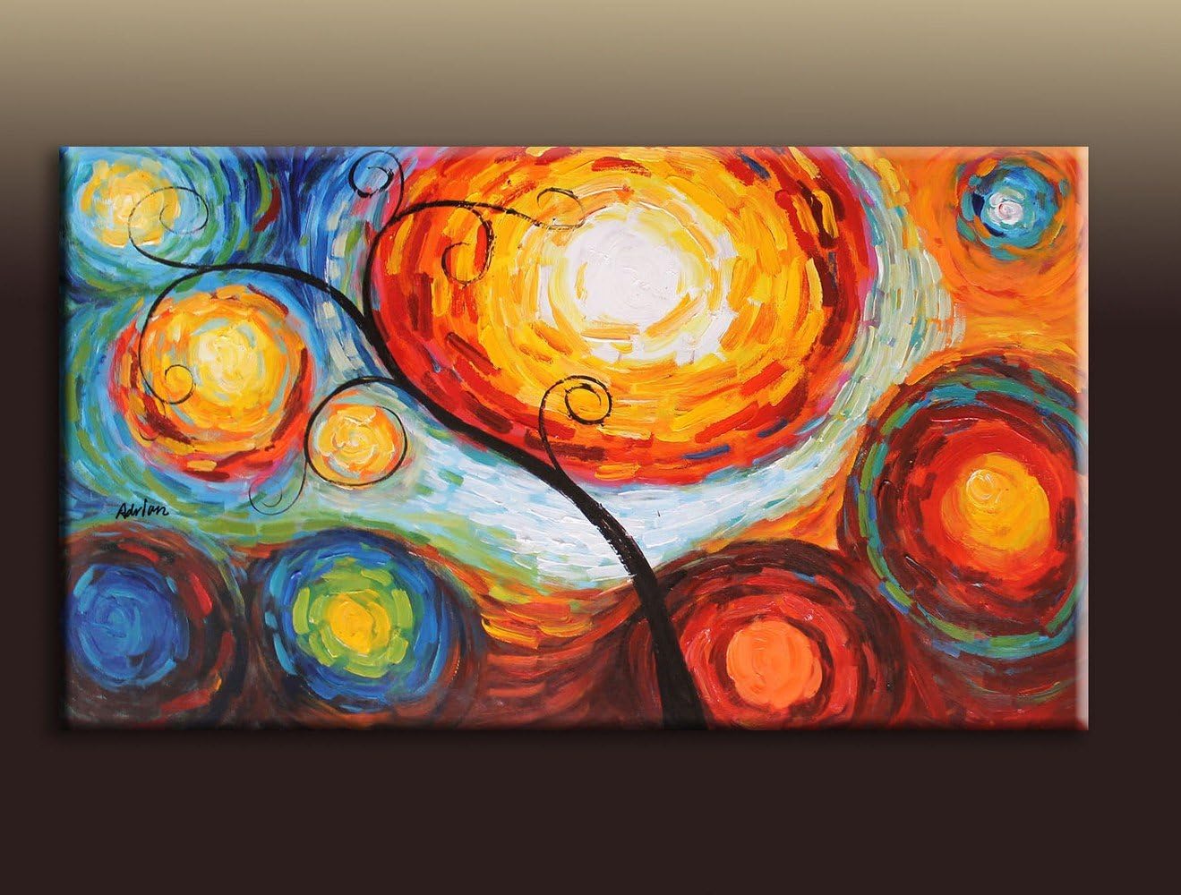 100% Hand Painted Original Landscape Oil Painting Abstract Tree agaist Rising Sun by Artist Adrian Signed Very Thick Brush Strokes Vivid Color Modern Wall Decor