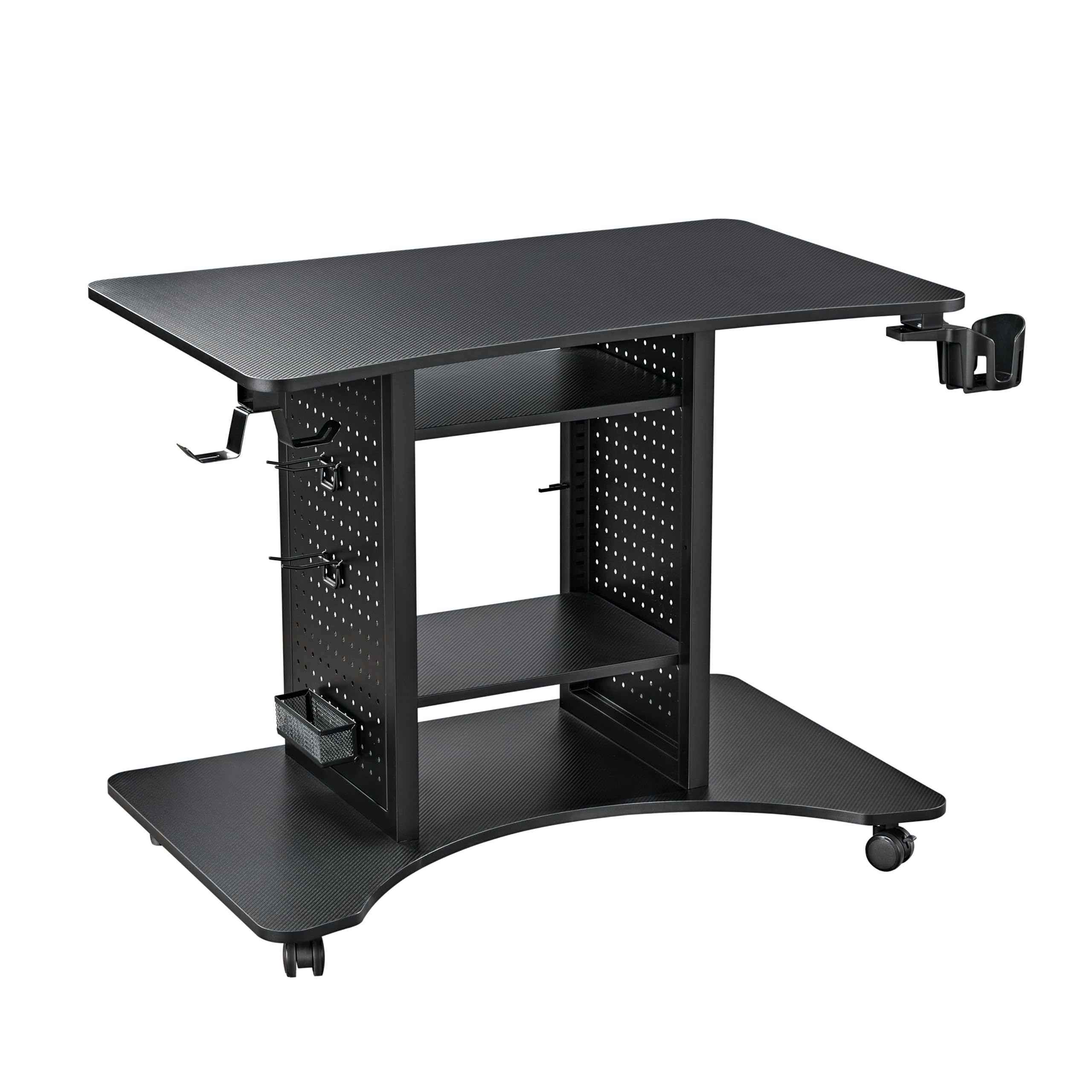 EUREKA ERGONOMIC Gaming Desk Computer, 37" Rolling Desk on Wheels for Small Space, Mobile Computer Cart with Pegboards Adjustable Shelves for Gaming PS Switch Home Office - Black