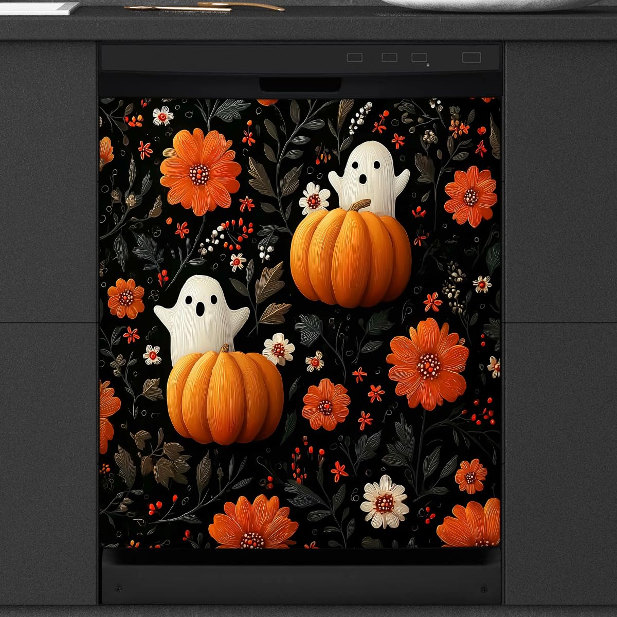 Mexpekil Adesivo decorativo per lavastoviglie con motivo floreale e fantasma, con foglie scure, 58 x 66 cm, adesivo decorativo per lavapiatti per porta d'ingresso, impermeabile, pannello magnetico per