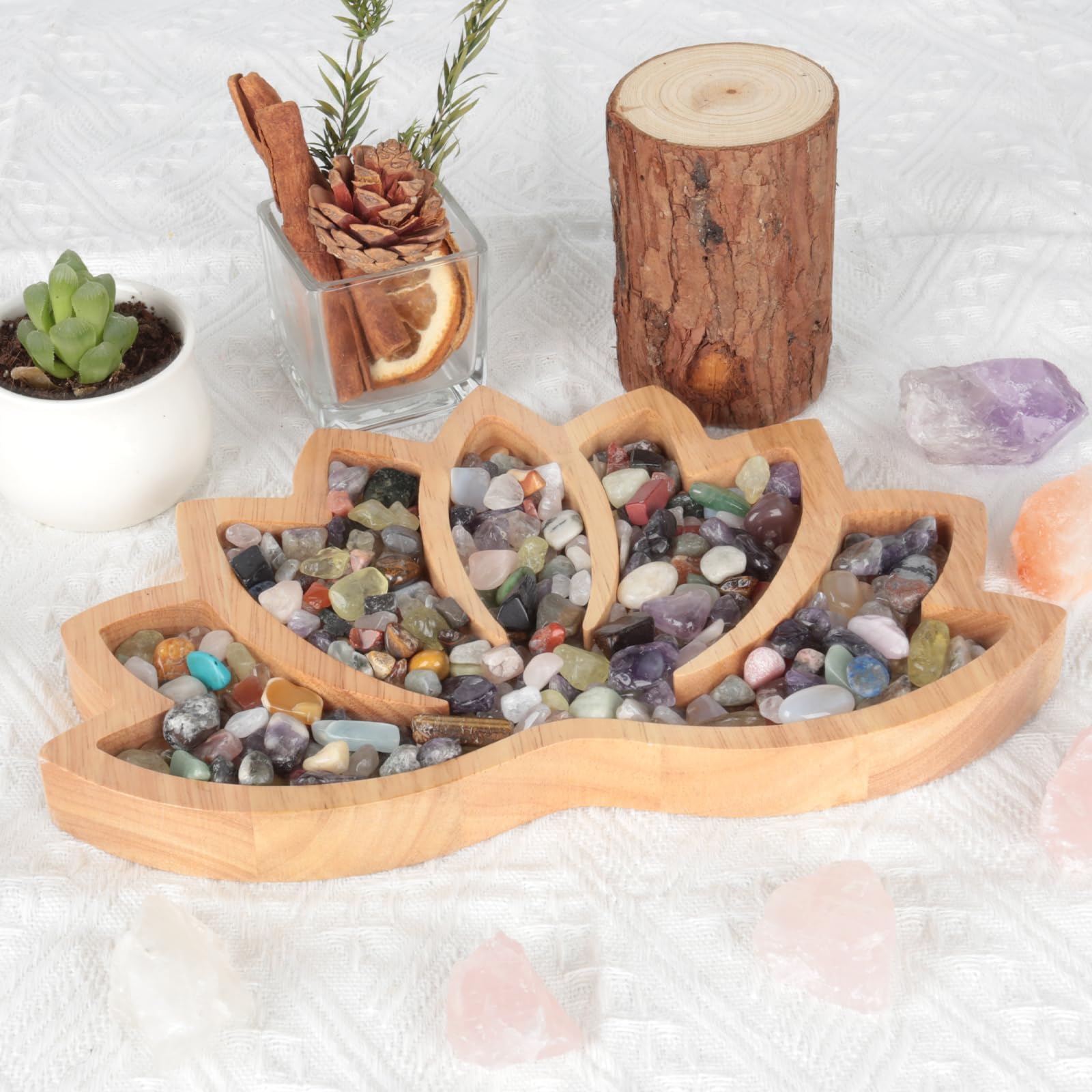 vassoio espositore in legno per pietre a forma di loto (per gioielli, cristalli, minerali)
