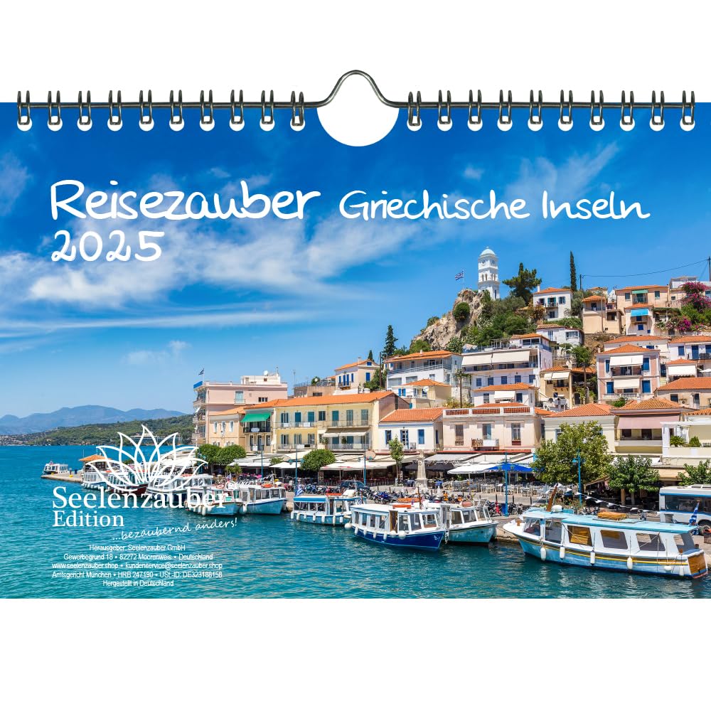 SeelenzauberTravel Magic Greek Islands DIN A5 Calendar for 2025 Crete Mykonos Santorini Greece Contents: 1 x Calendar, 1 x Christmas Card (2 Pieces)