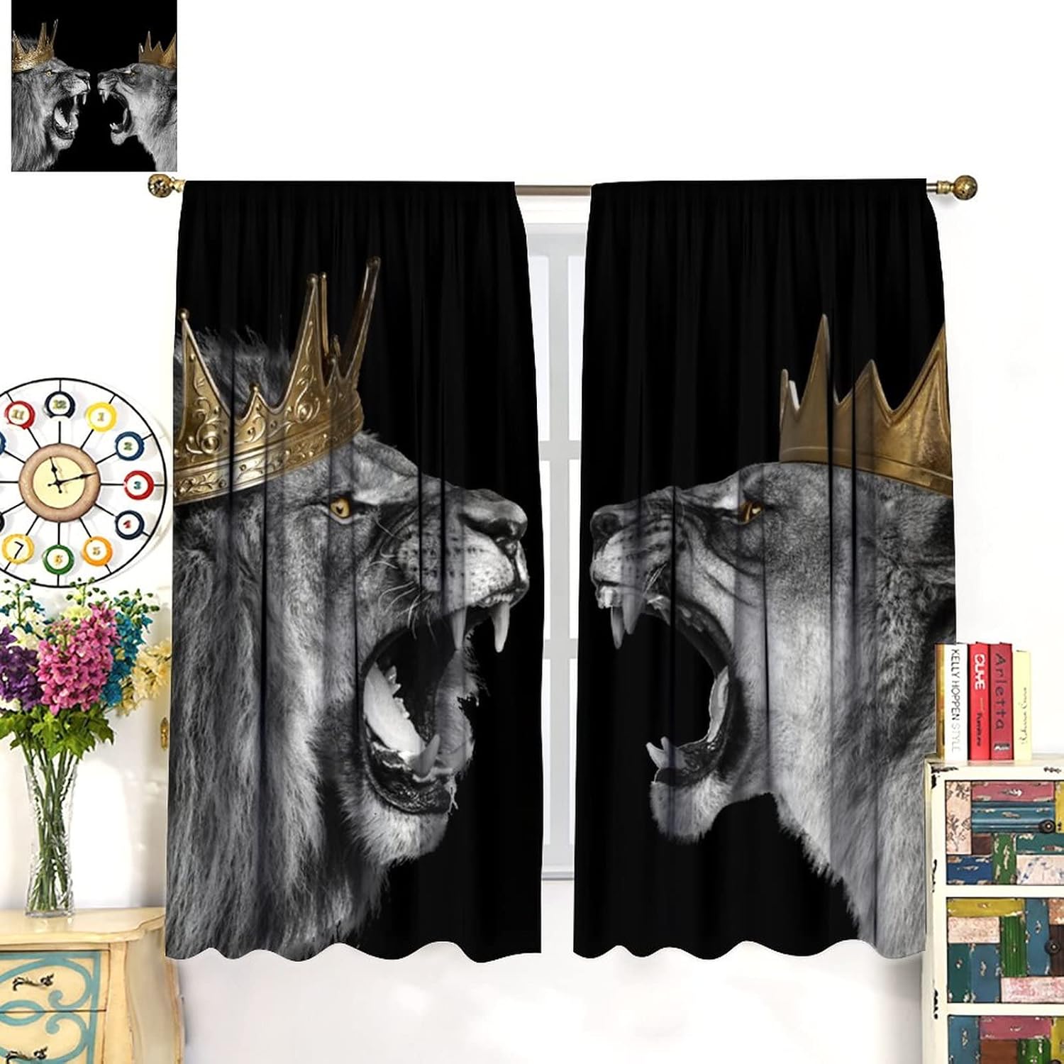 Black Lion Animal King & Queen Rod Pocket Blackout Curtains for Bedroom - Gold Crown Cool Wildlife African Wild Animal Window Treatment,Thermal Insulated Room Darkening Curtains 42x63in