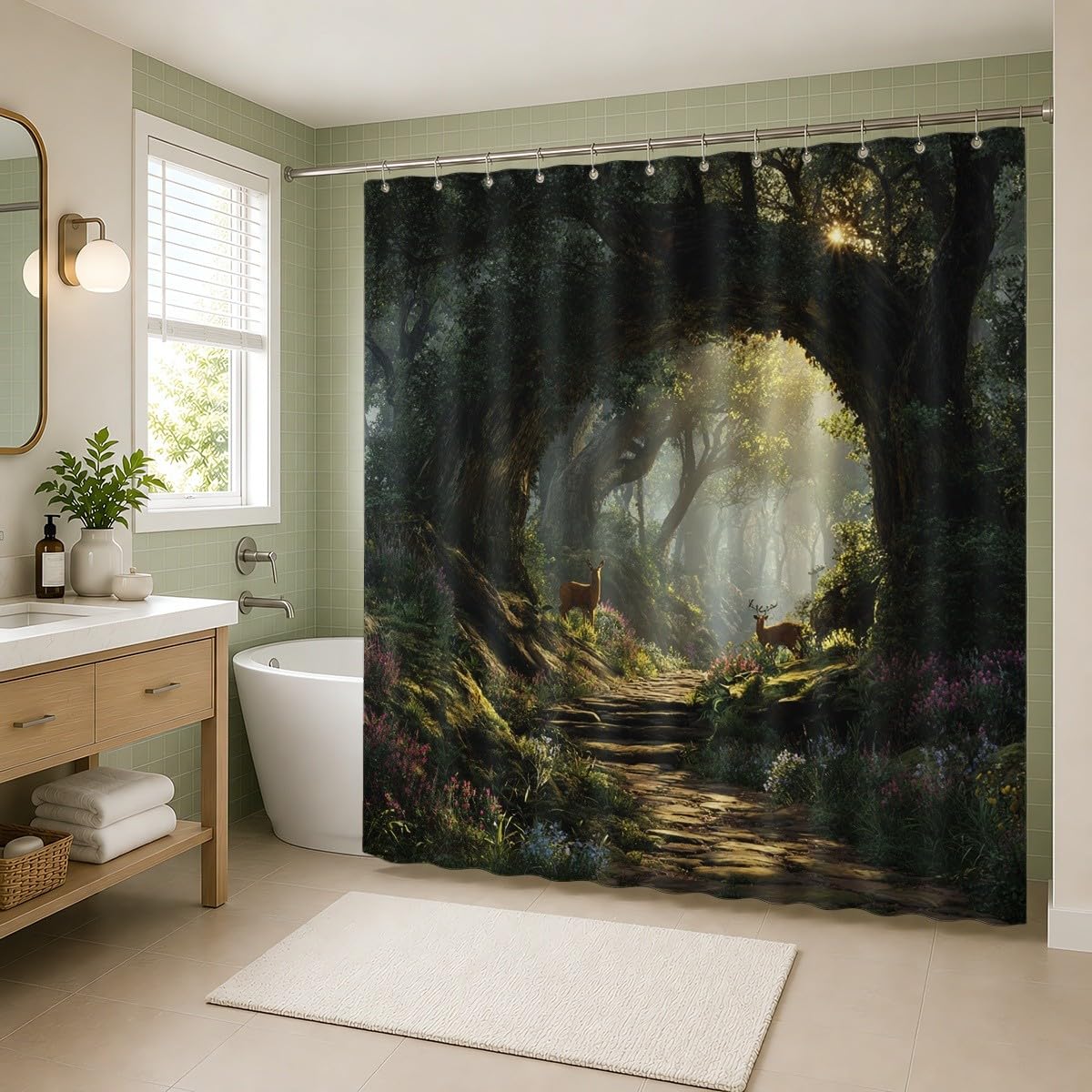 Verde Tenda per Doccia 240x200 cm Impermeabile Antimuffa Poliestere | Fantasia Junglea Regno Segreto Lavabile in Lavatrice Facile da Pulire Asciugatura Rapida con 12 Ganci per Bagno