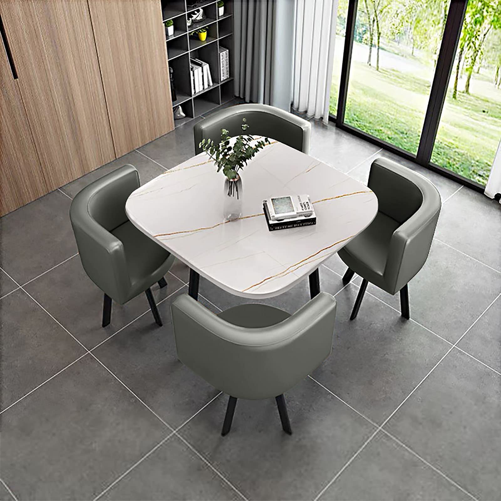 OLSKFUH Modern Round Dining Table Set With 4 Chairs For Business Meetings And Office Conference Small Round Coffee Table And Chair Combination Pu 6,Pu-21-80 * 80 * 73cm