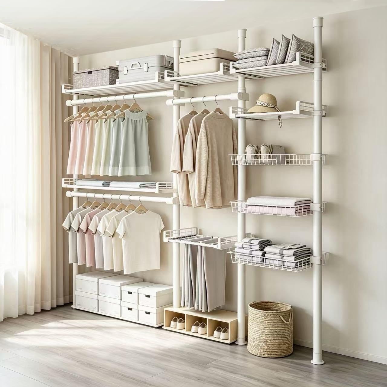 Adjustable Storage Rack, No Drilling Floor Standing Closet Organizer, White