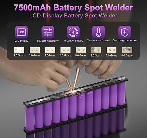 Miniatura 2 de Soldador de puntos mejorado de 0.008 in LCD de 7500 mAh, soldador de batería ajustable de 80 engranajes para batería 18650, soporte 4x4 para hacer