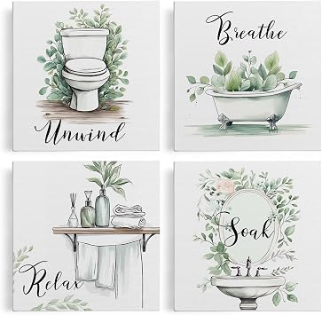 APJYM Relax Soak Unwind Breathe Bathroom Wall Art, Vintage Sage Green Botanical Farmhouse Bathroom Canvas Wall Art for Washroom Shower Room Washroom Restroom Decor, 8x8 Inches Framed, Set of 4