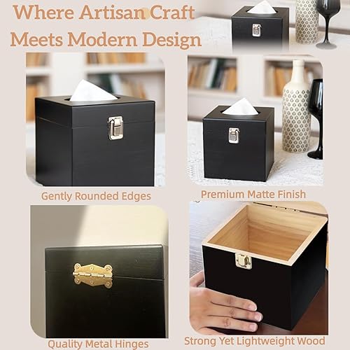 Miniatura 3 de Caja de pañuelos cuadrada negra – Soporte de caja de pañuelos de madera con interruptor de metal retro, soporte de papel higiénico, accesorios de