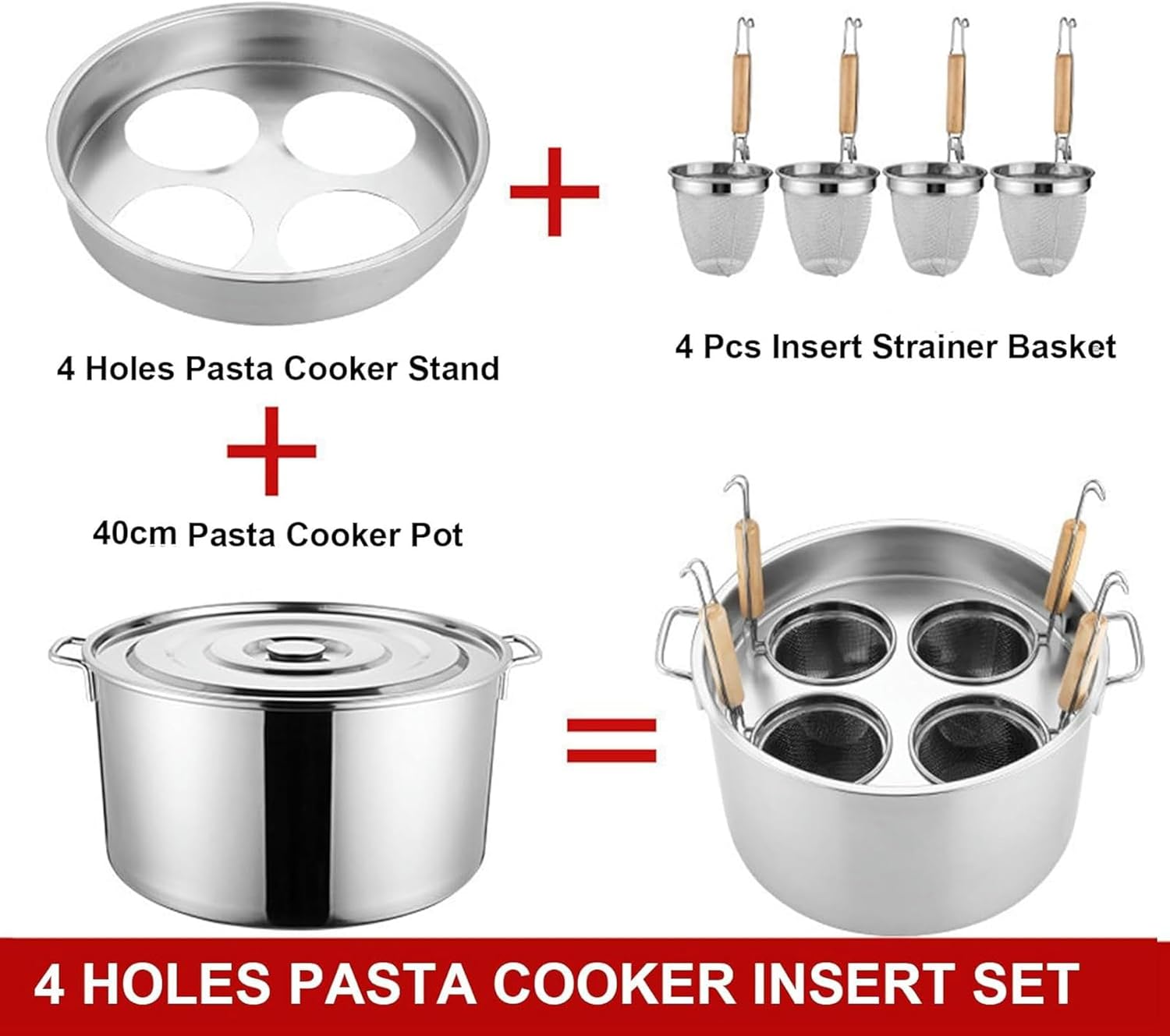 Stainless Steel 4-Hole Pasta Cooker Set, Multipots with Divider & Color Strainer, Heavy-Duty Cooking Pots for Commercial Use, Ideal for Boiling Pasta & Sauces