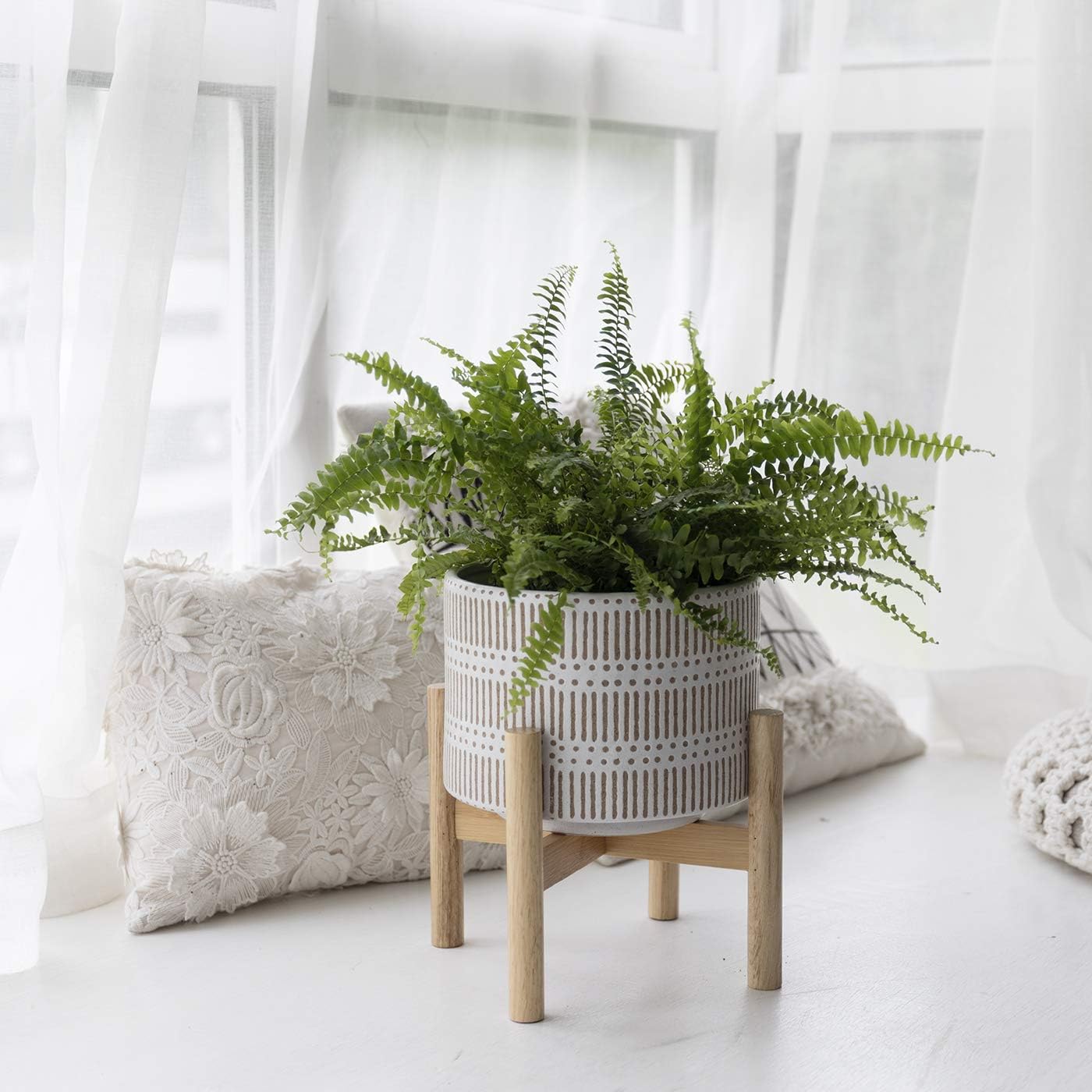 Ceramic Plant Pot with Wood Stand - 7.3 Inch Modern Round Decorative Flower Pot Indoor with Wood Planter Holder, Beige and White : Garden & Outdoor