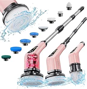 Leebein Brosse Rotative Électrique Sans Fil Puissante pour le Nettoyage de la Salle de bains, de la cuisine, de la douche et de la baignoire, et des carreaux du sol, avec poignée télescopique longue et réglable et 8 têtes de brosse remplaçables (rose)