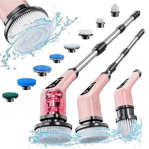 Leebein Electric Spin Scrubber, Cordless Powerful Scrub Brush for Cleaning Bathroom, Kitchen, Shower Tub and Floor Tile with Adjustable Extension Long Handle and 8 Replaceable Brush Heads - Rose