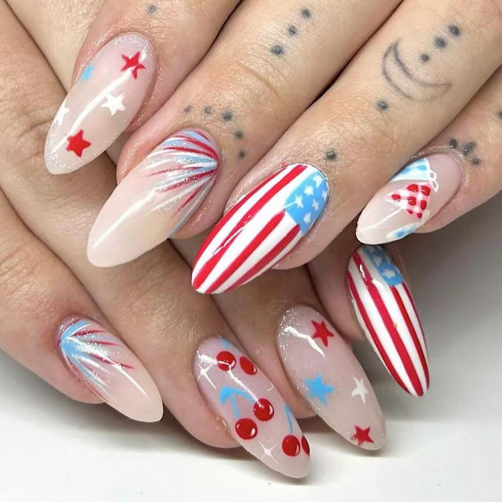 24Pcs 4th of July Press on Nails Almond Long Independence Day Fake Nails Patriotic False Nails with Star Cherry Design Full Cover Artificial Nails
