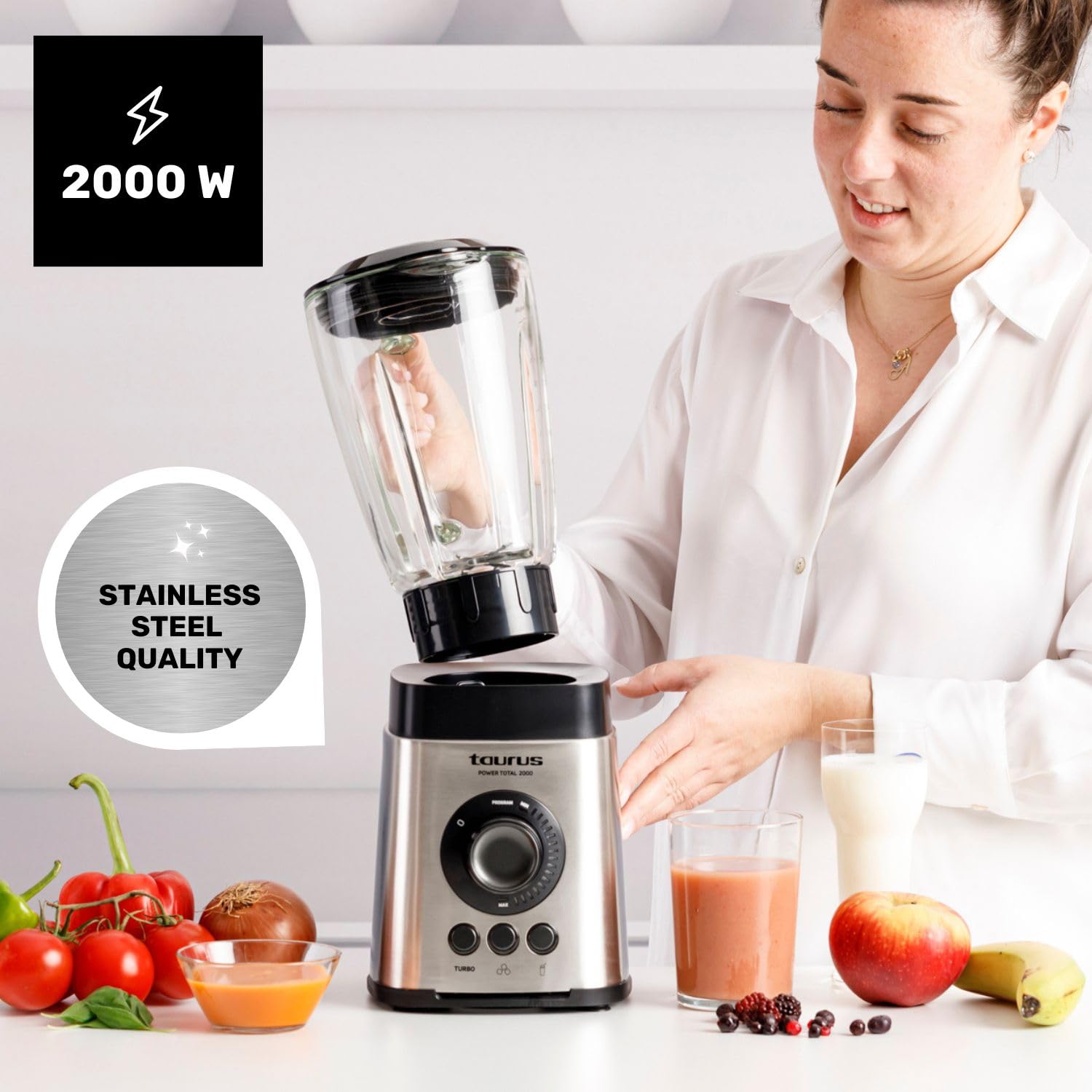 Taurus - Power Total Batidora de Vaso | 2000W Potencia | Jarra de Cristal 2,2L | Cuchillas de 6 Filos | Programas Turbo | Smoothies | Pica Hielo