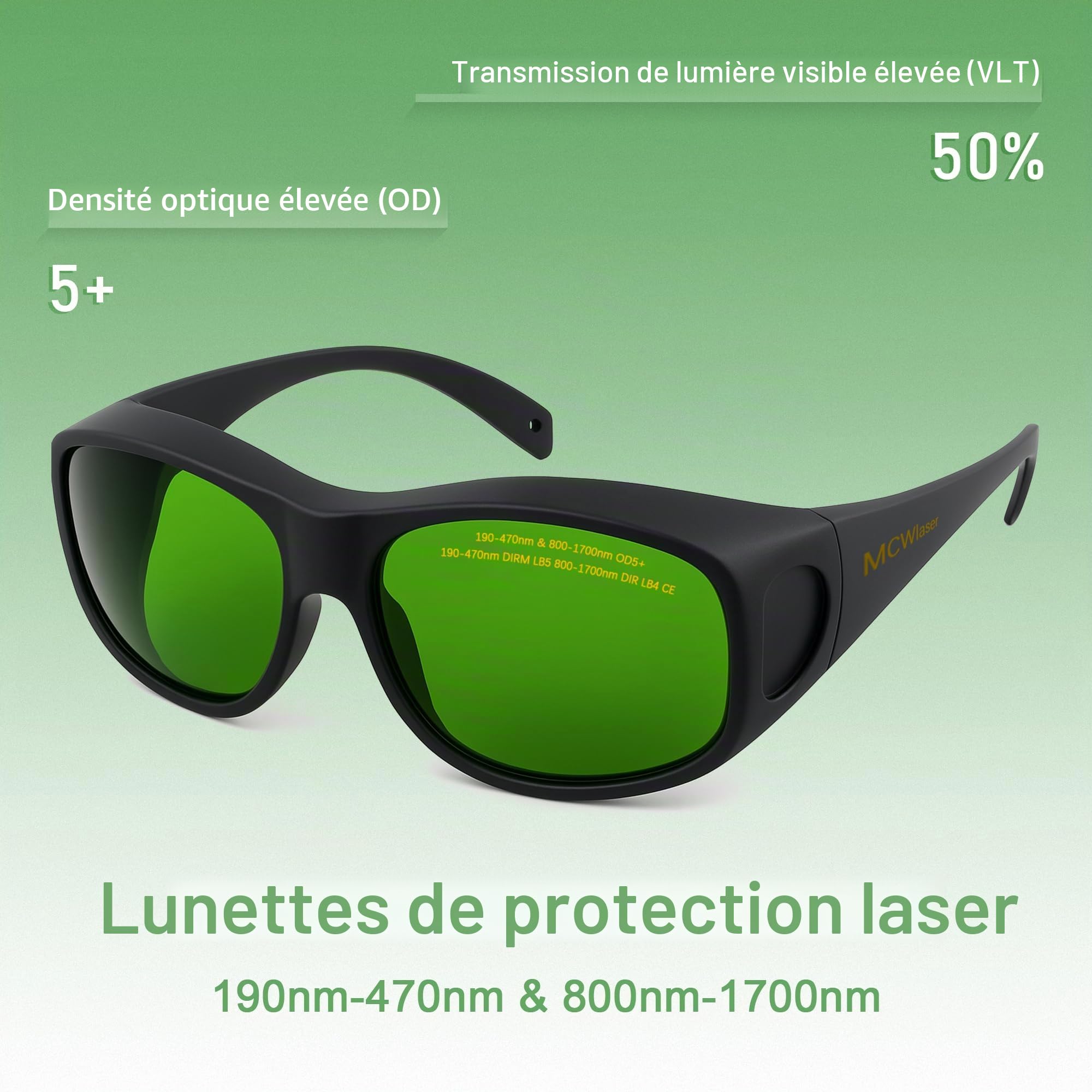 MCWlaser Lunettes de Protection Sécurité Laser 190-470nm & 800-1700nm Laser Safety Goggles OD5+ For ND:Yag Diode Fiber Laser 445nm, 450nm, 455nm, 532nm, 808nm, 980nm, 1064nm Absorption Type EP-8