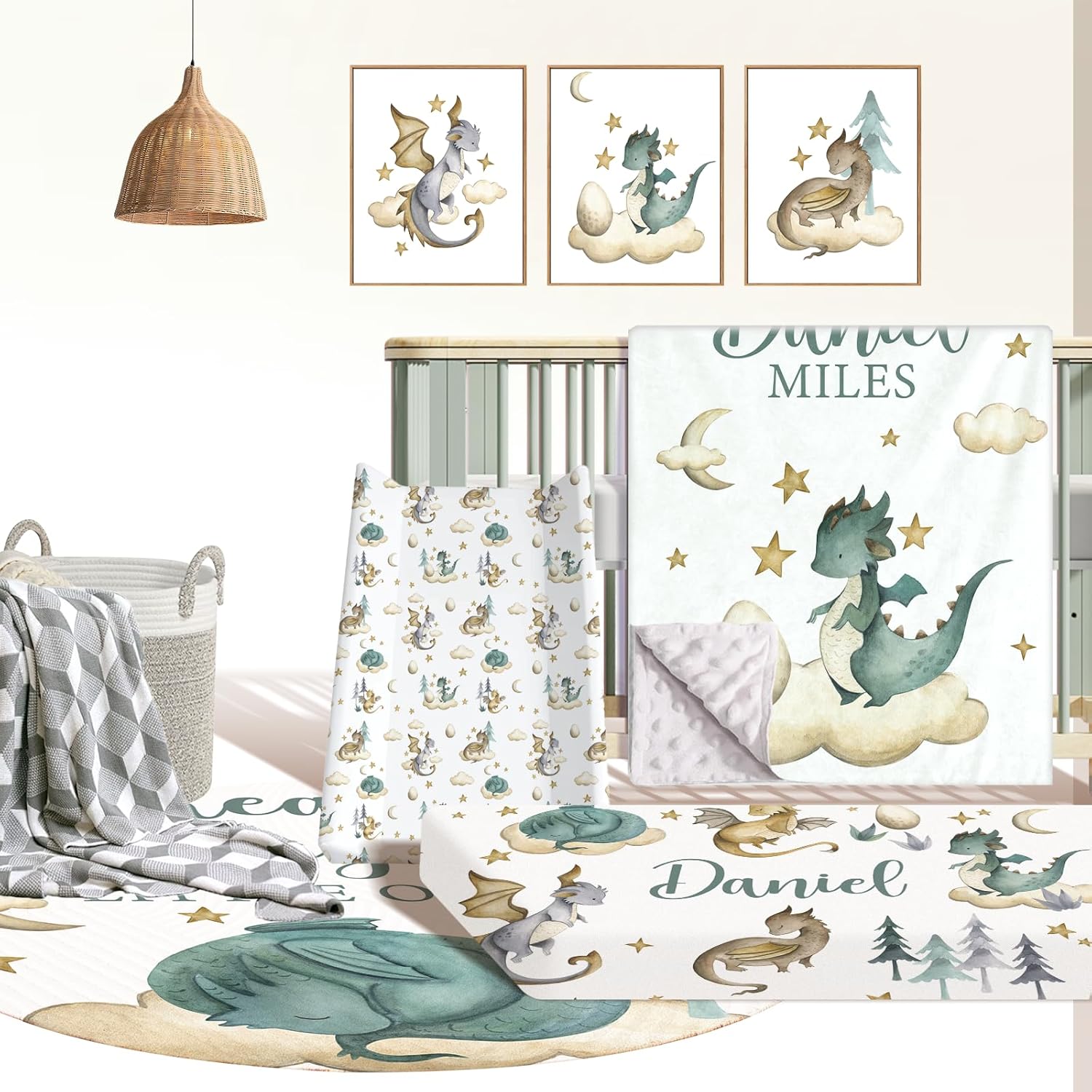 Personalized Baby Crib Bedding Set, Custom Name Nursery Bedding, Dragon 5 Pcs Baby Bedding Set for Girl Boy, Double Layer Crib Set, Custom Gifts