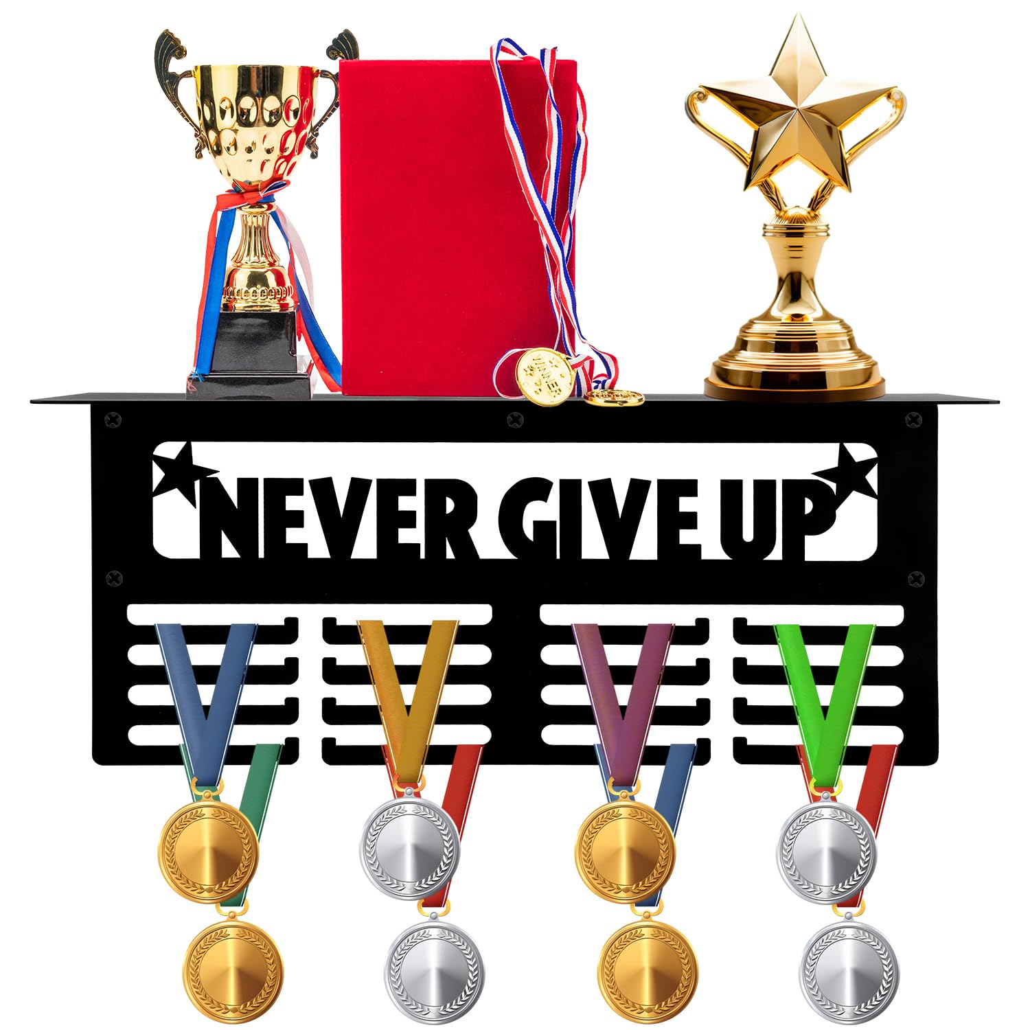 NQEUEPN Expositor de medallas, Colgador de medallas, Nunca Give up, Citas motivacionales en el Estante de medallas, Expositor para Paredes para más de 64 medallas Deportivas (Negro)