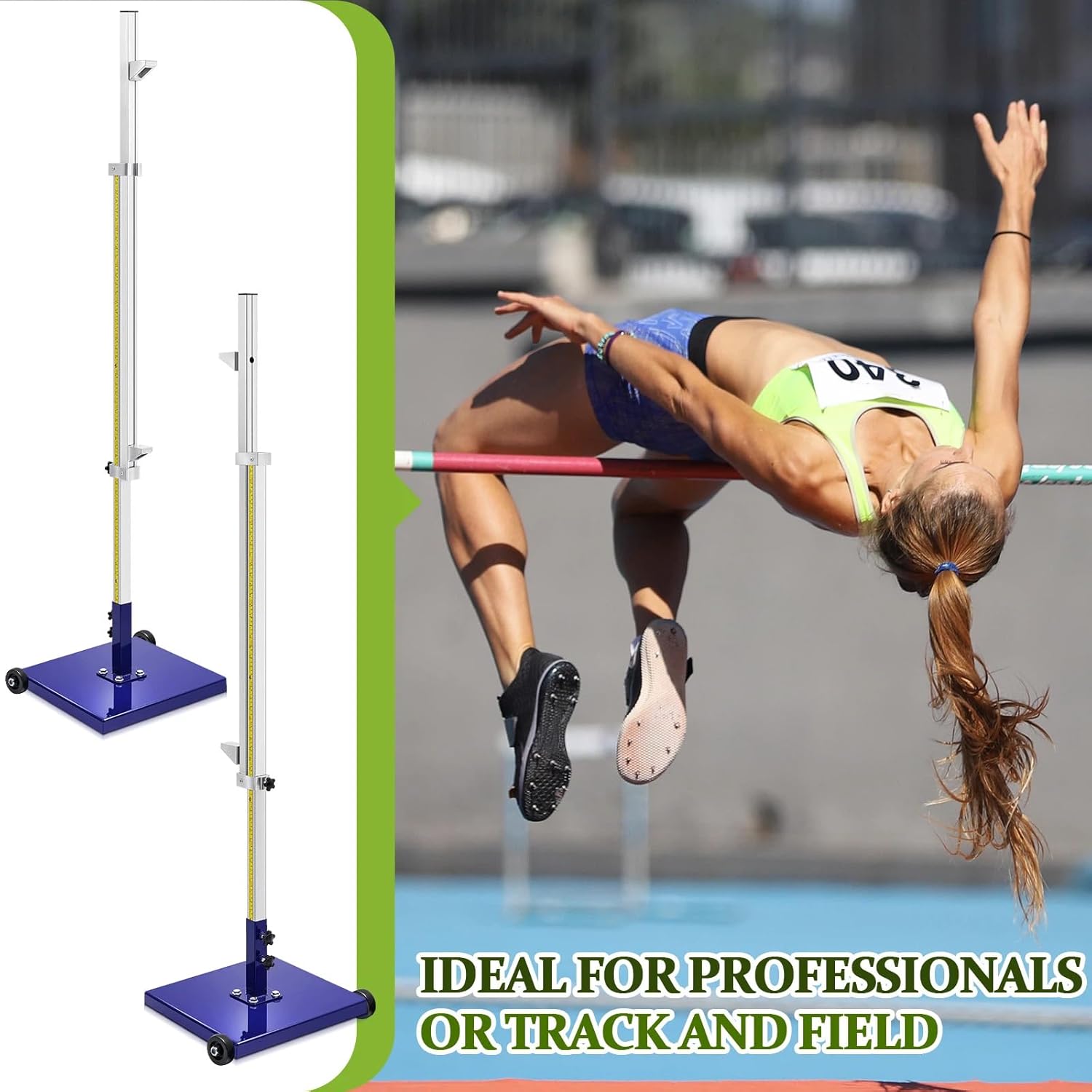1 Pair Official Competition Track and Field High Jump Standards, 2-8 ft Adjustable, 1/4" Intervals, 16" Roll Away Base, Aluminum Uprights, for High School, Training, Sports Meeting, Club
