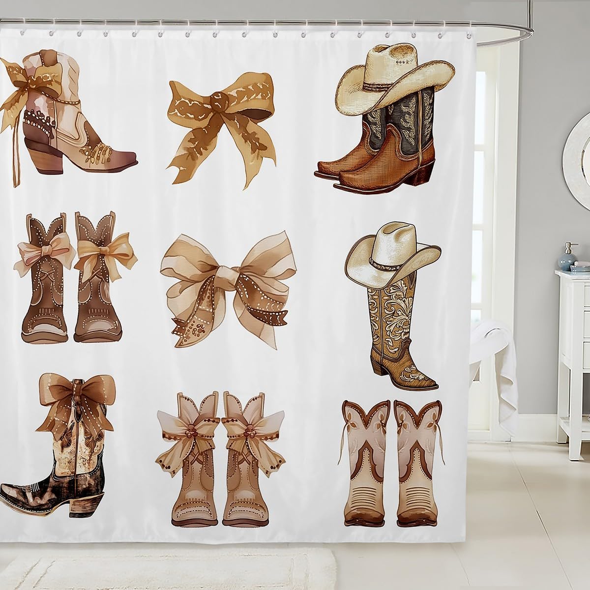 Feelyou Bowknot Shower Curtain 72"x84" Bow Tie Butterfly Knot Princes Bathroom Shower Curtain Set for Boys Girls Teens Western Boots Bath Curtain Western Decor Kids Bathroom Accessories Brown