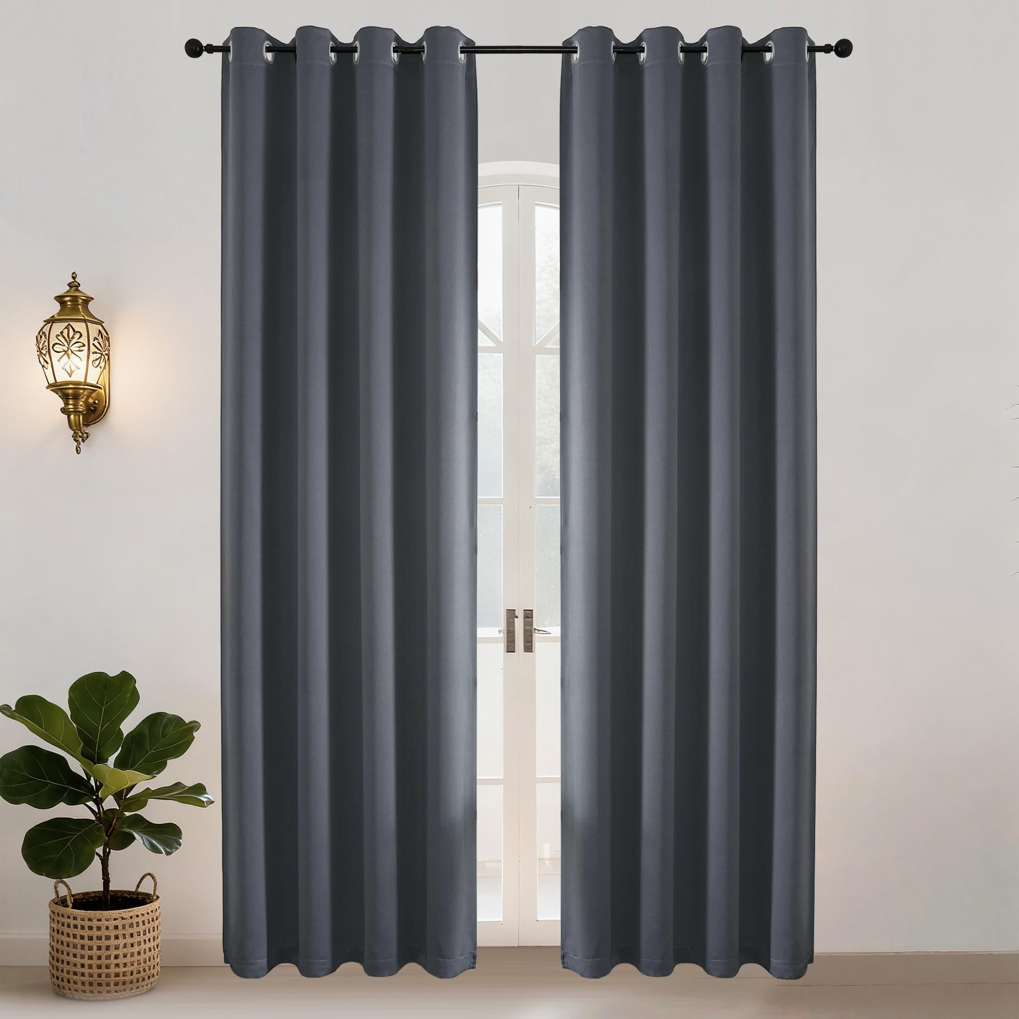 Simplebrand Ava Grey Blackout Eyelet Curtains for Living Room 245 cm Long 2 Panels, Solid Thermal Insulated, Energy Saving Door Curtains & Drapes Window Treatment Black Out Drapes, W 140 cm x L 245 cm
