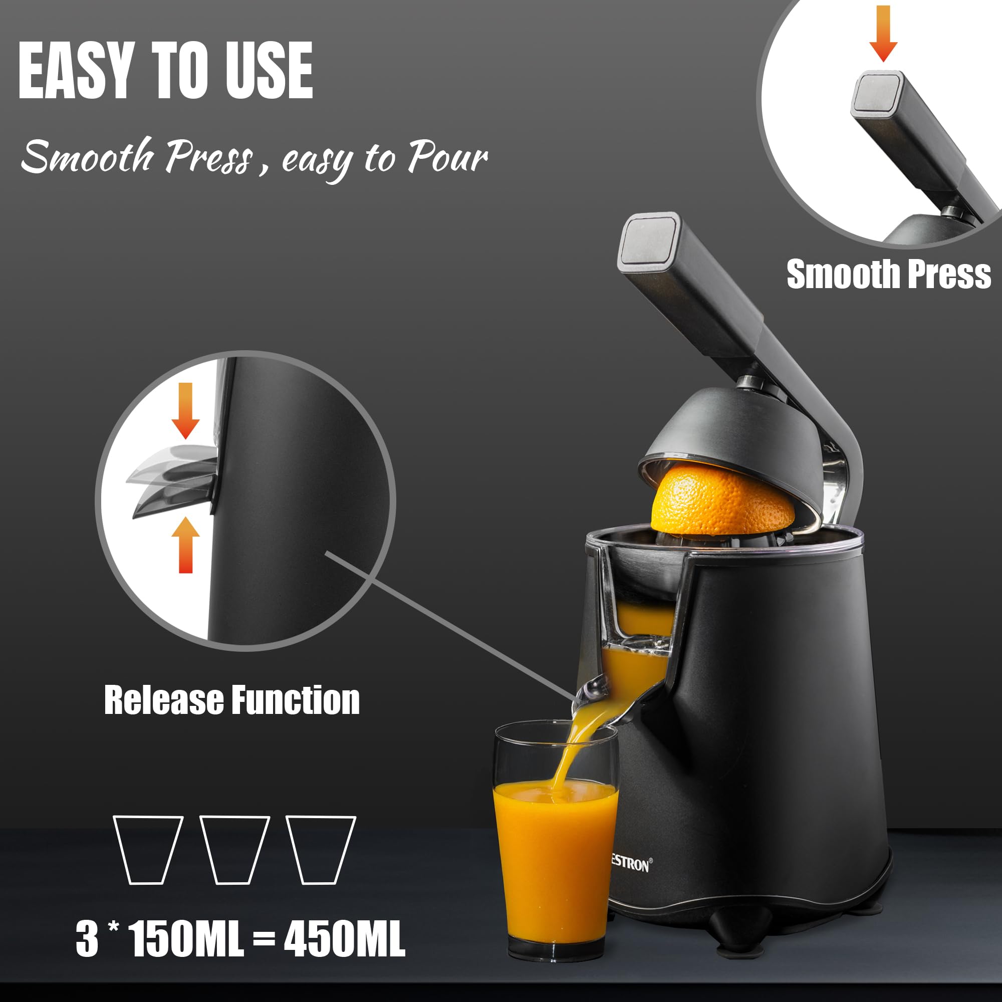 Bestron Elektrische Citruspers, Sinaasappelpers Met Druppelstop En Roestvrijstalen Pulpzeef Incl 2 Perskegels 450ml Capaciteit Soft Press Hendel Voor Eenvoudige Bediening Kleur Zilver