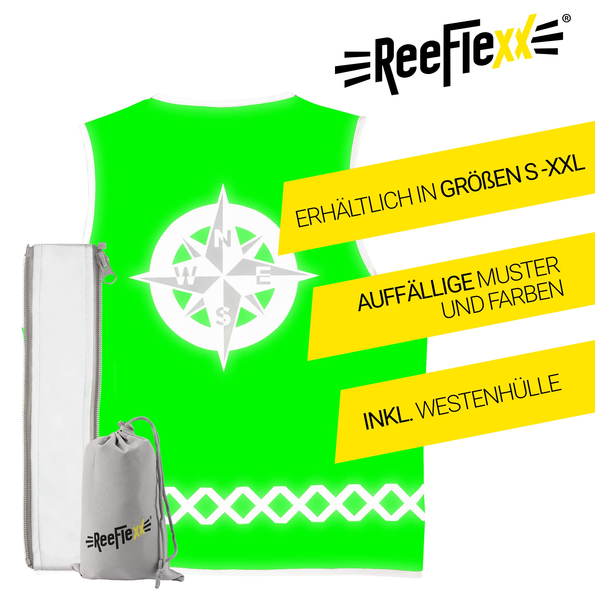 REEFLEXX Gilet réfléchissant pour homme avec adaptateur de taille Gilet réfléchissant pour plus de visibilité dans la circulation routière grâce aux réflecteurs, couleurs et motifs Boussole verte