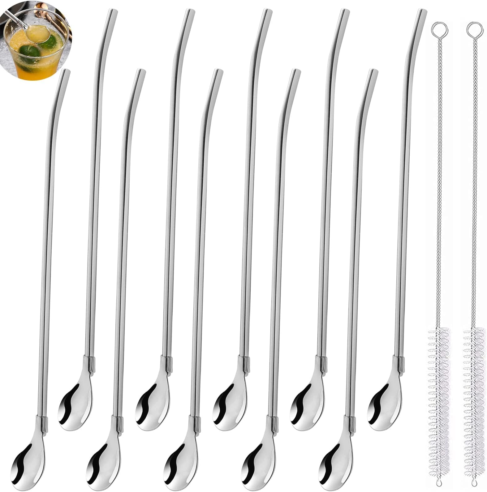 12 Pièces Pailles Cuillère 2 en 1 Cuillère à Paille Réutilisable Acier
