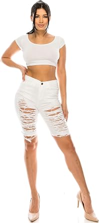 Aphrodite Ripped Bermuda Shorts Jeans - Womens High Waisted Destroyed Distressed Fashion Denim Crop Pants