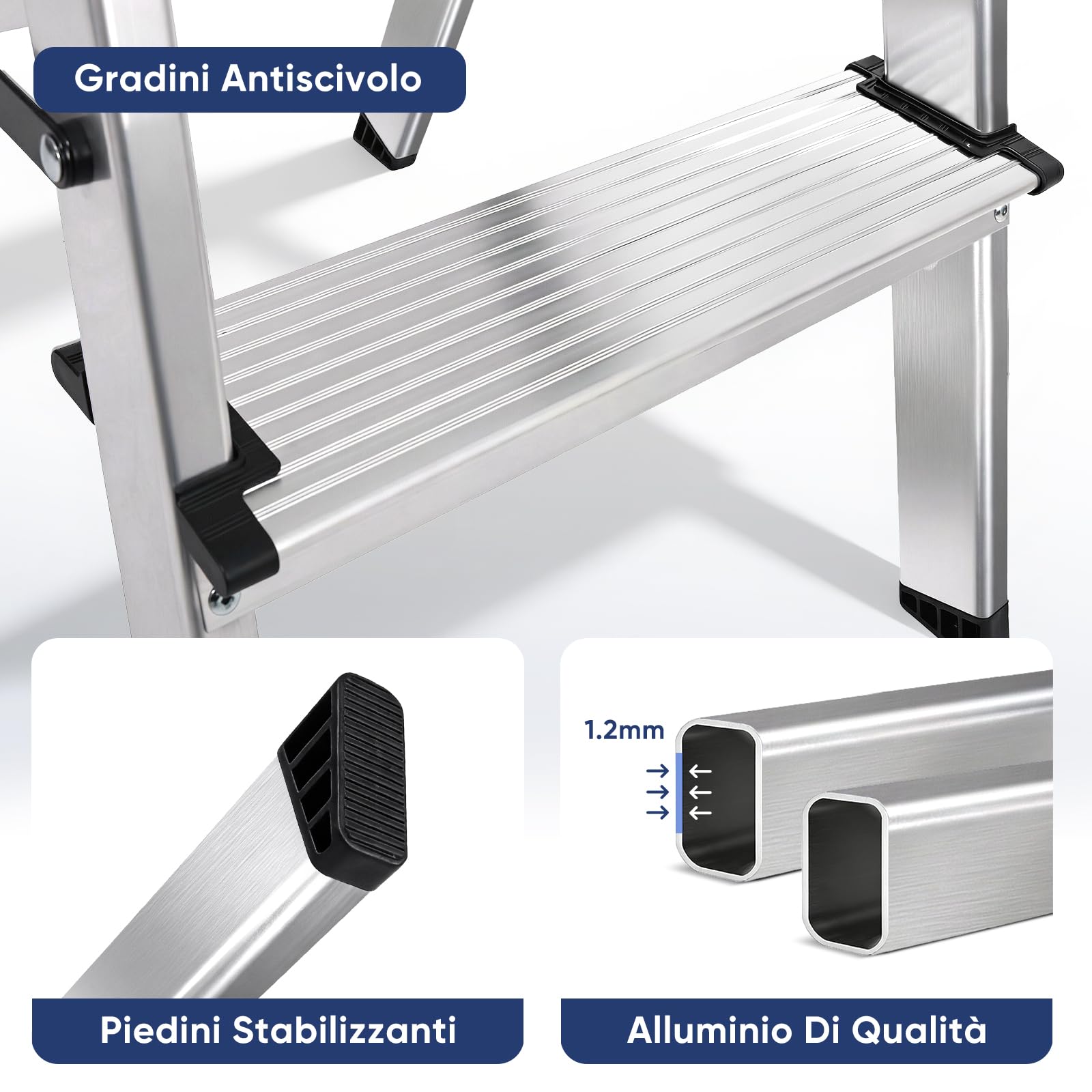 Sekey Scala Alluminio Pieghevole 3 Gradini, Scala Bilaterale Accessibile, Gradini Antiscivoli In Alluminio, Per Uso Domestico E Casa, TÜV & SGS EN131 EN14183, Portata Massima 150 Kg