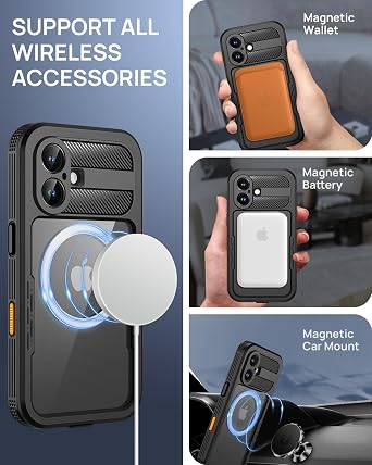 Lanhiem Magnetic for iPhone 16 Waterproof Case, Built-in Privacy Screen Protector, Compatible with MagSafe, Anti-Spy Full Body Phone Case for iPhone 16 6.1, Black
