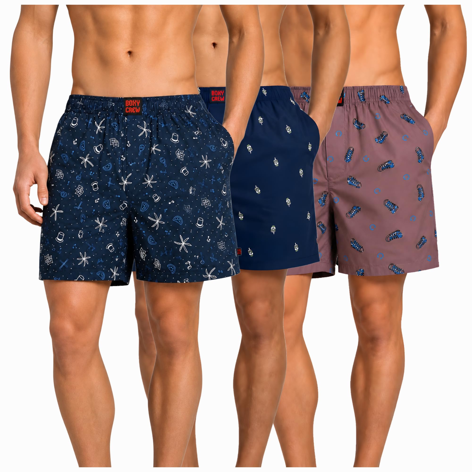boxy crew Men's 100% Cotton Boxer Shorts Pack of 3, Navy Blue, Navy Blue & Mauve | Woven Boxers with Side Pockets, No-Marks Elastic Waistband, Breathable Relaxed Fit | Style 007-011-015-picture-11