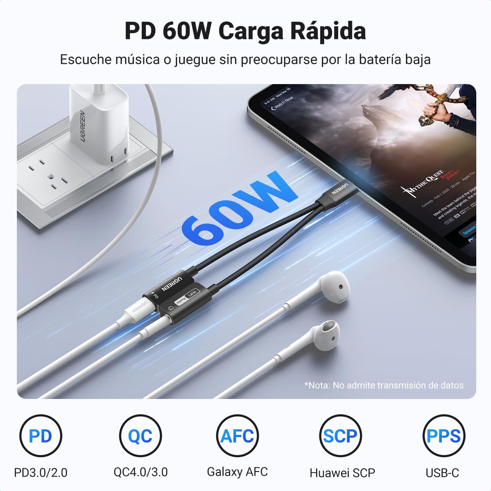 UGREEN Adaptador USB C a Jack 3.5mm PD 60W Magnético 2 en 1 Hi-Res 32Bits/384KHz Tipo C Micrófono Aux Divisor de Auriculares Compatible con iPhone 17 Pro MAX Air Galaxy S25+/25/24/23 Pixel 8