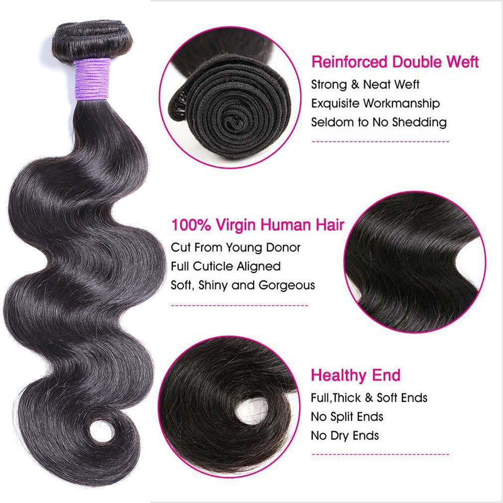10A Brazilian Body Wave Bundles with 5x5 Lace Closure 100% Unprocessed virgin human Hair Weave Human Hair Bundles Body Wave Hair Extension for Women (14 16 18+12,1B,Free Part) …