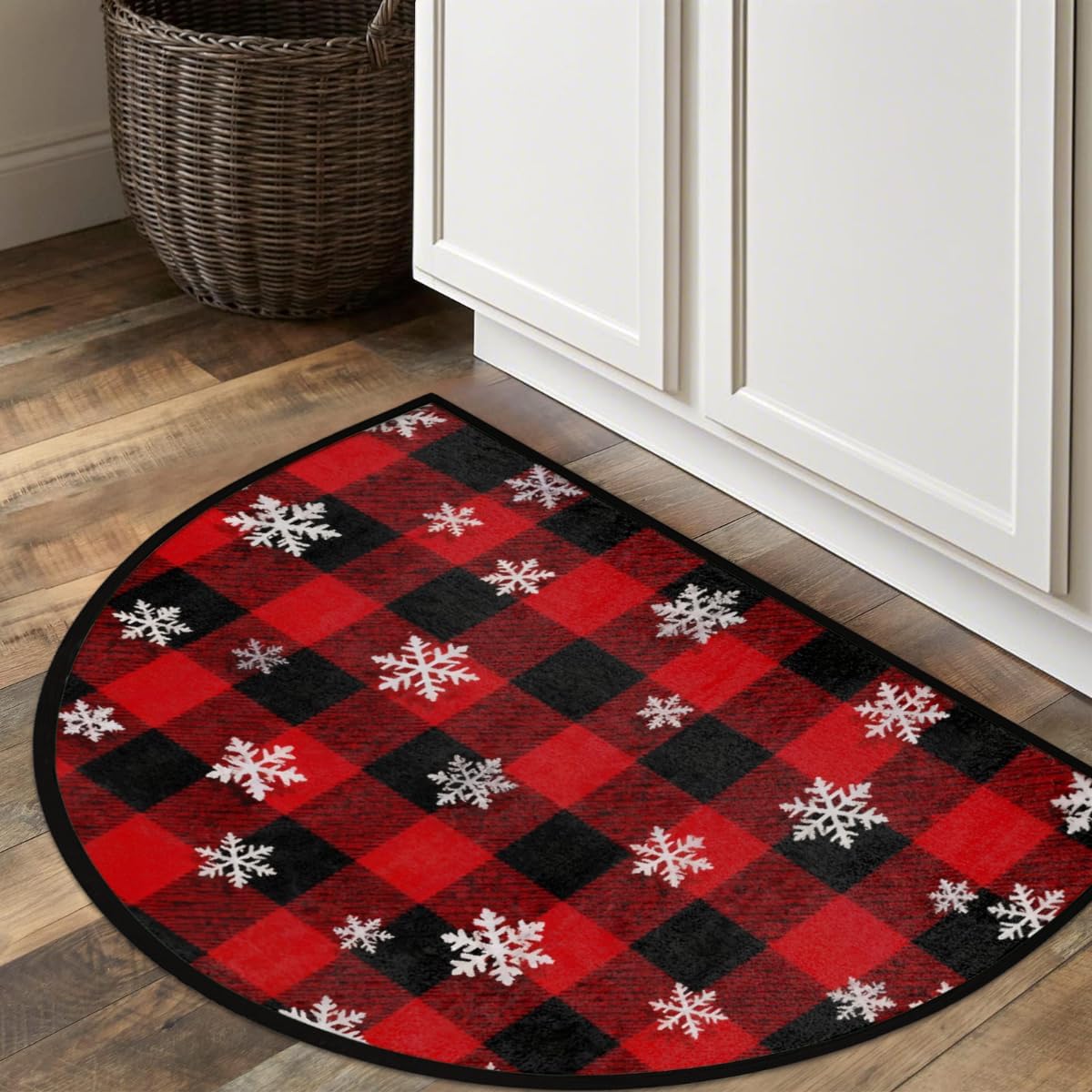 Half Round Door Mat - Indoor Outdoor Snowflake Fabric Half Circle Rug for Entryway, Bathroom, Kitchen - Washable Non-Slip Half Moon Mat with Boho Floral Vintage Design - Small Floor Mat