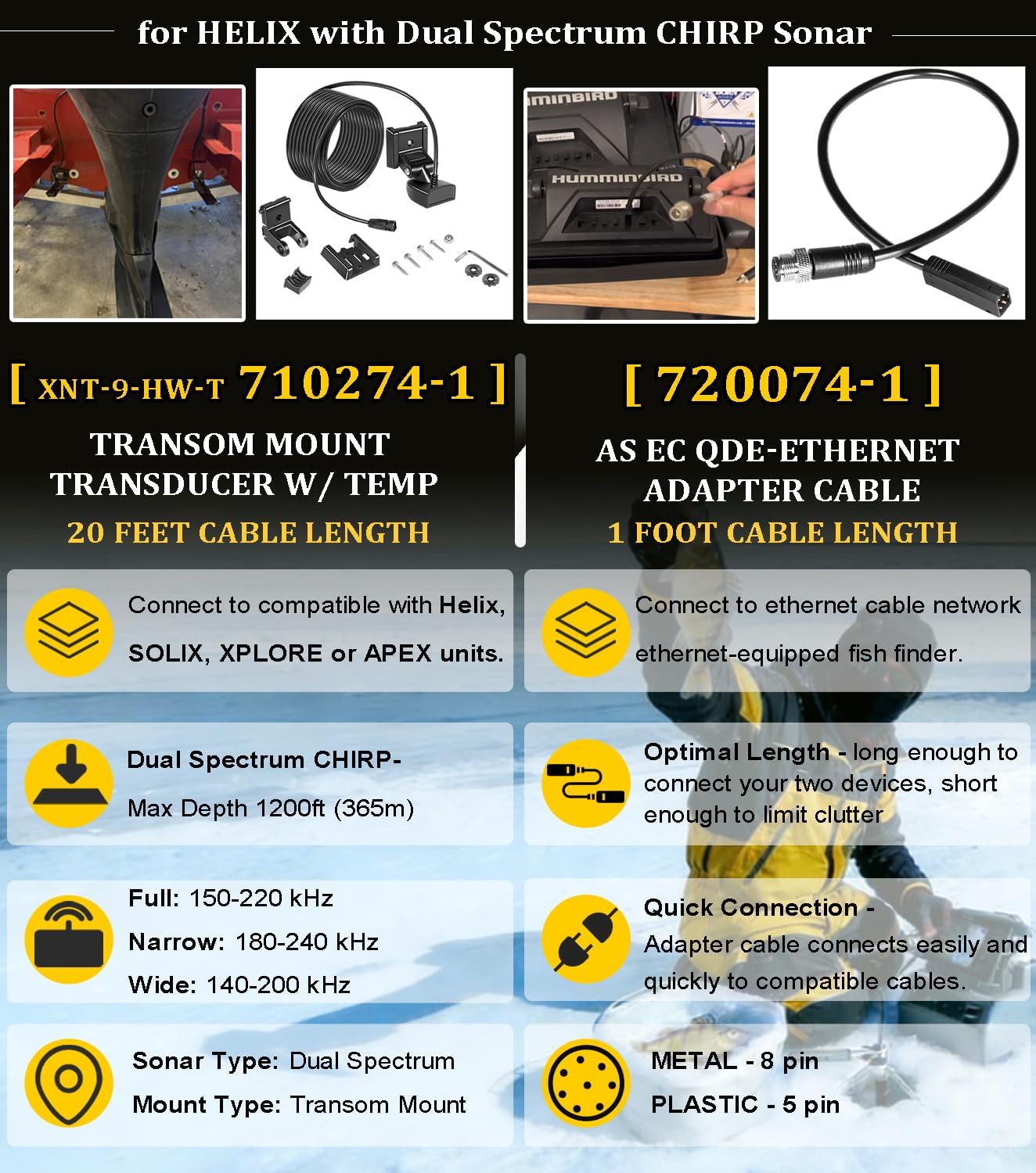XNT-9-HW-T Transom Temperature Transducer & 720074-1 AS EC QDE Ethernet Adapter Cable for Humminbird Helix 5/7/8/9/10/12 with Dual Spectrum Chirp Sonar 710274-1, 20 Feet Cable Length