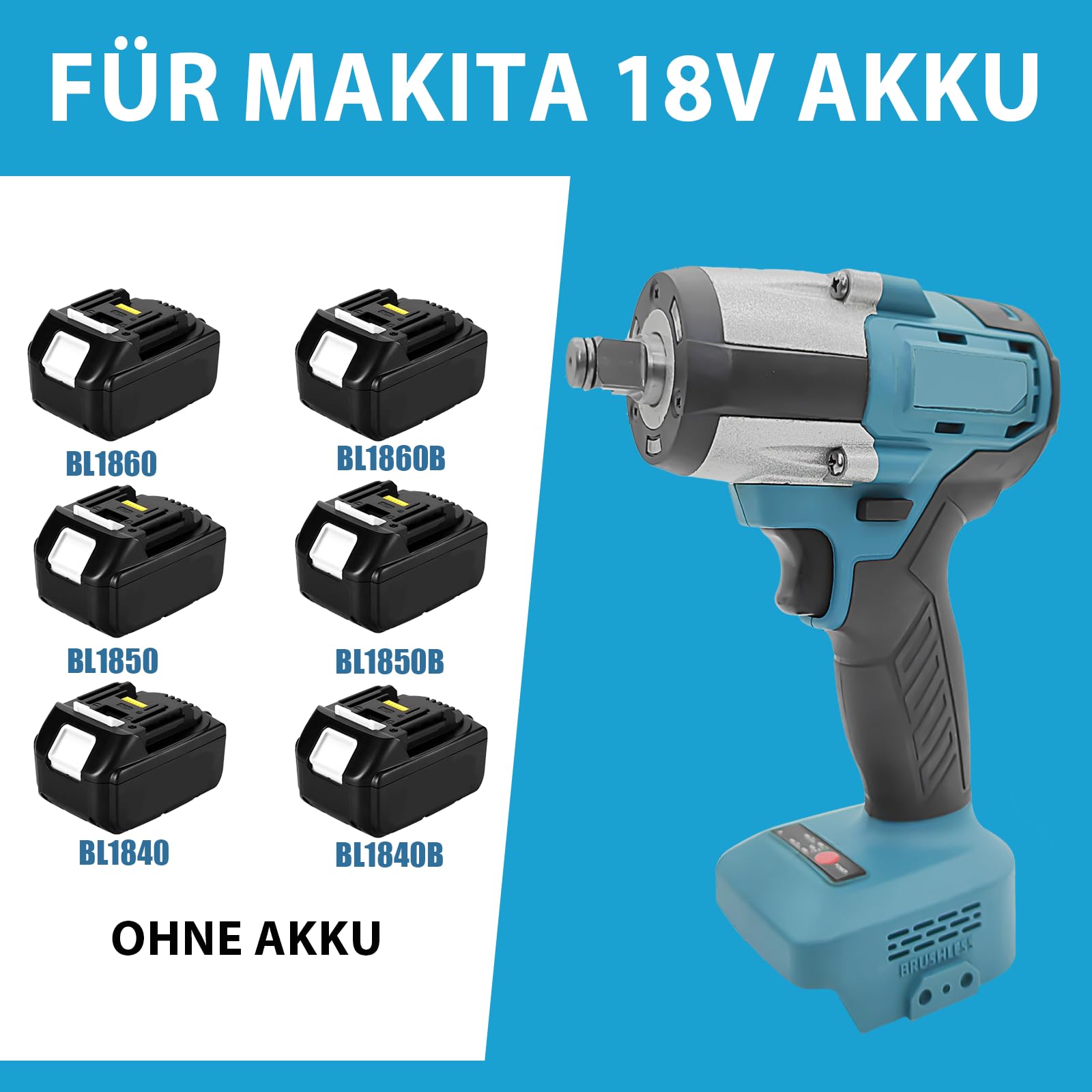 Akumulatorowa wkrętarka udarowa do Makita, 520 Nm, bezszczotkowa elektryczna wkrętarka udarowa, 1/2 cala z 19 akcesoriami (bez akumulatora)