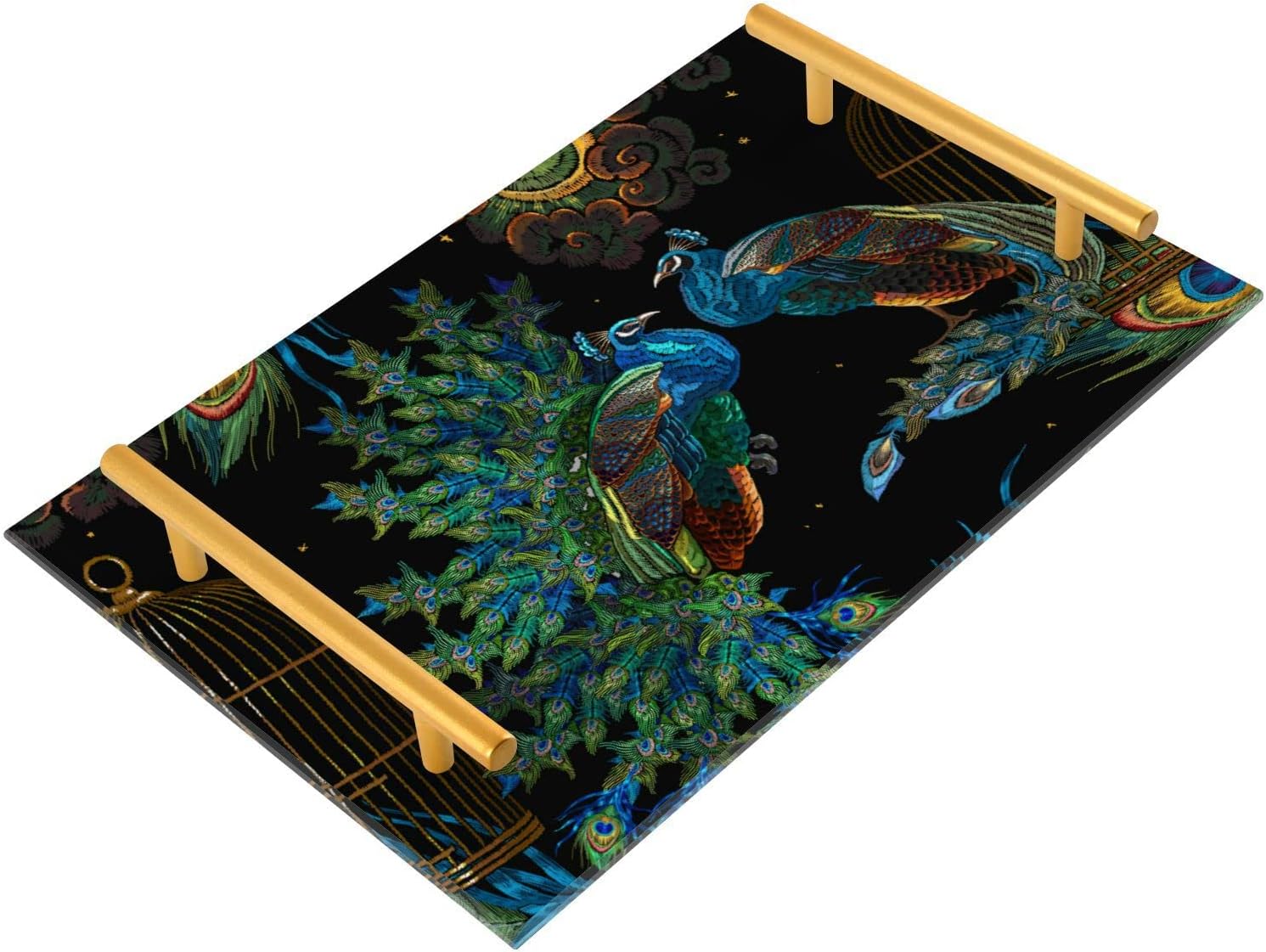 Vanity Tray,Peacock Cage on Black Bathroom Counter Tray Jewelry Dish Bathroom Vanity
