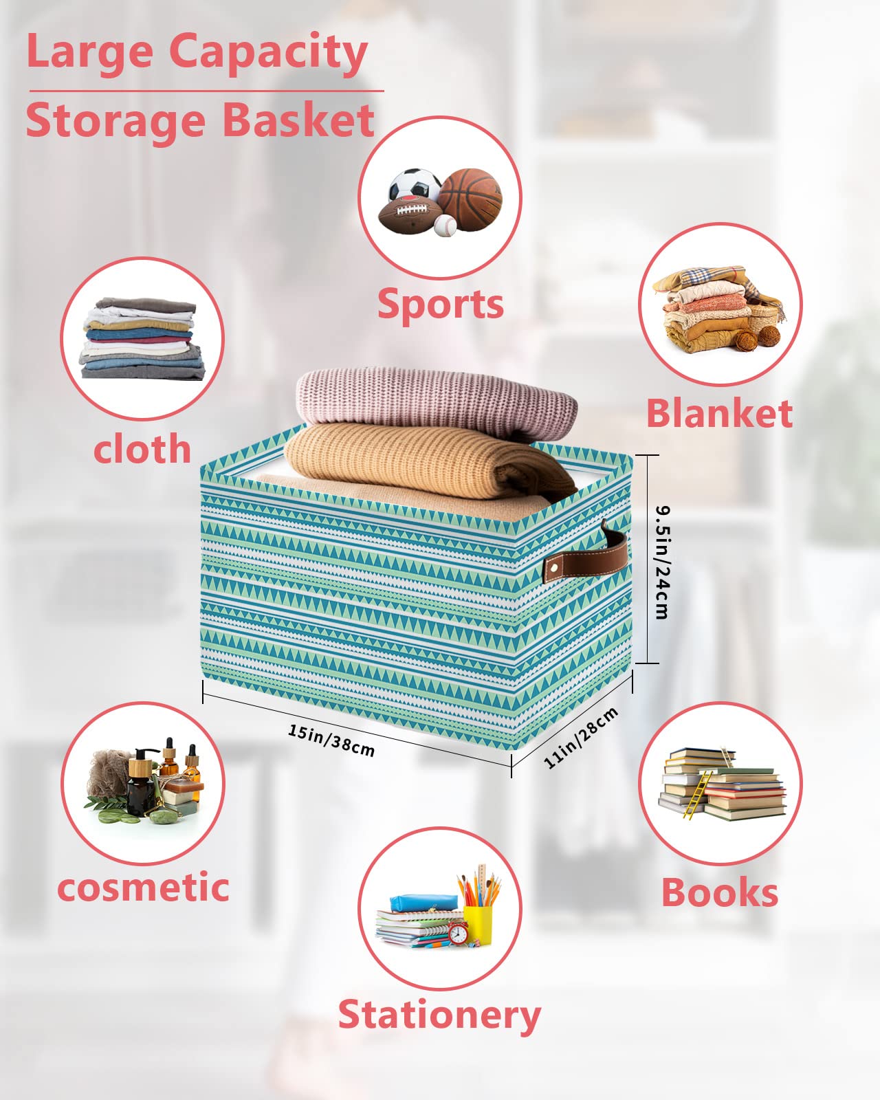 Large Foldable Storage Basket - Turquoise Tropical Leaves Pattern, 15x11x9.5 Inches