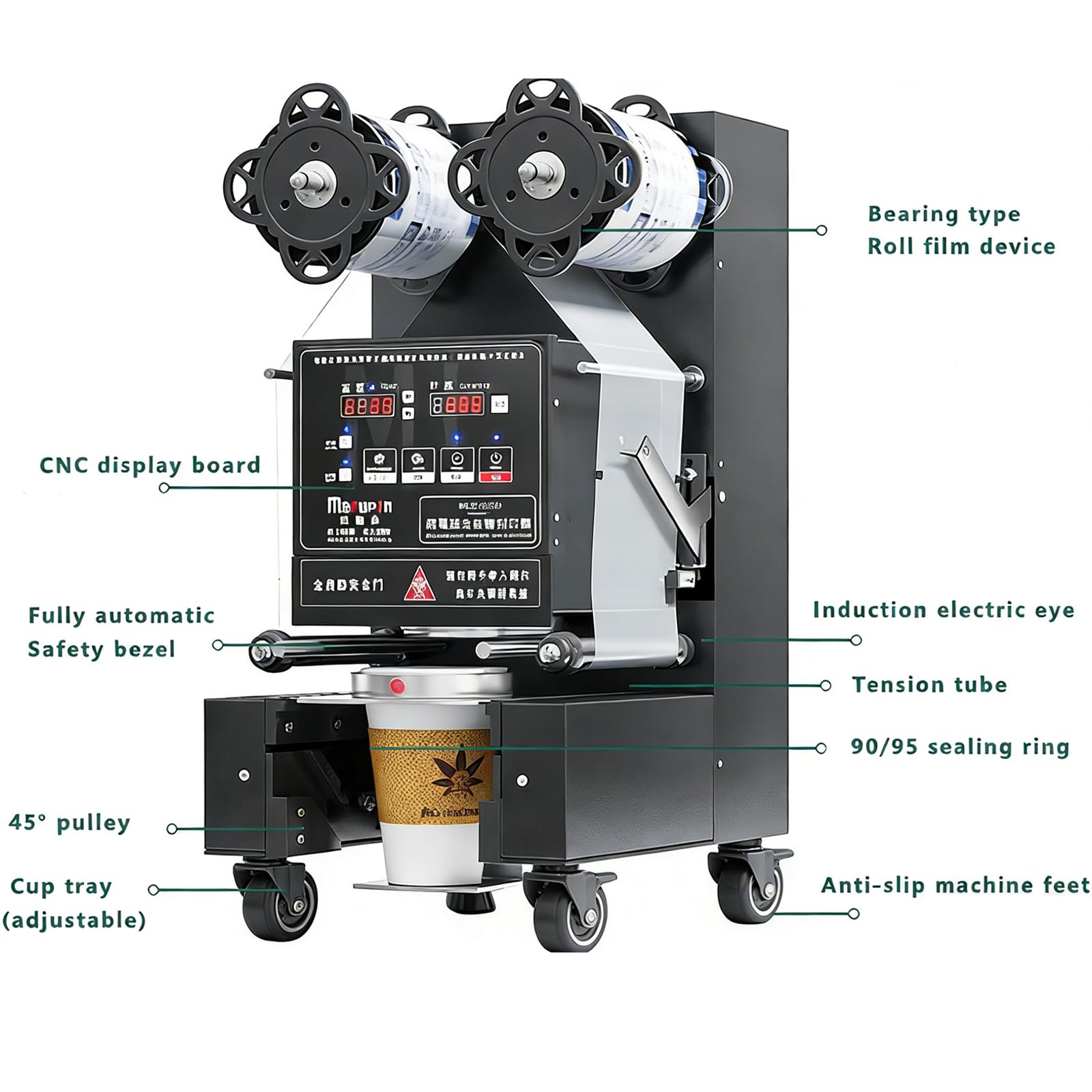 Sigillatrice Automatica per Bicchieri 350W, Macchina Elettrica Bubble Tea con Contatore LCD, 550–700 Bicchieri/H, Compatibile 90/95mm Altezza Max 21cm, per tè al Latte, caffè e Smoothies White