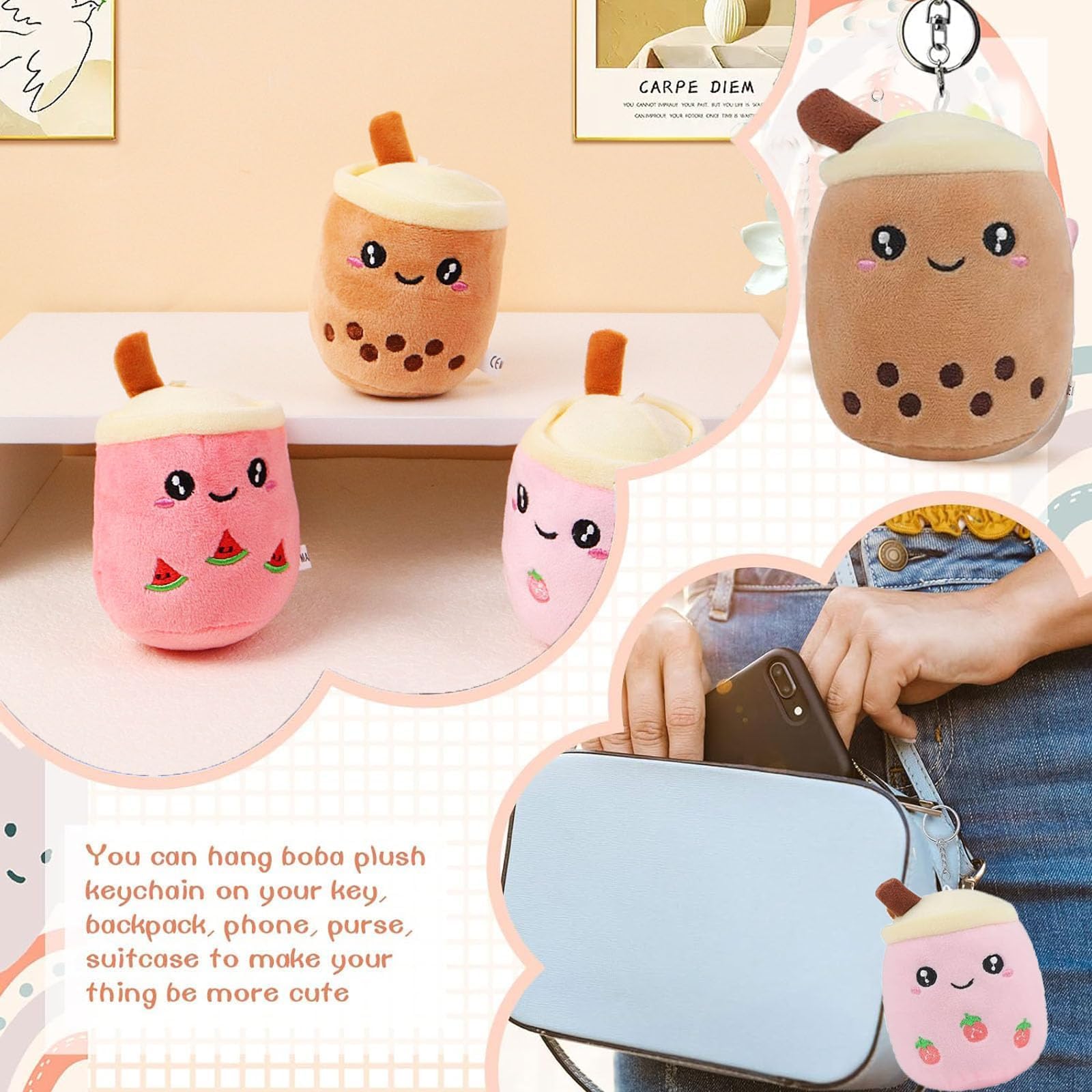 ANBOOR 4 Stück Boba Plüschtier-Set Mit Schlüsselanhänger - Niedliche Bubble Tea Kuscheltiere