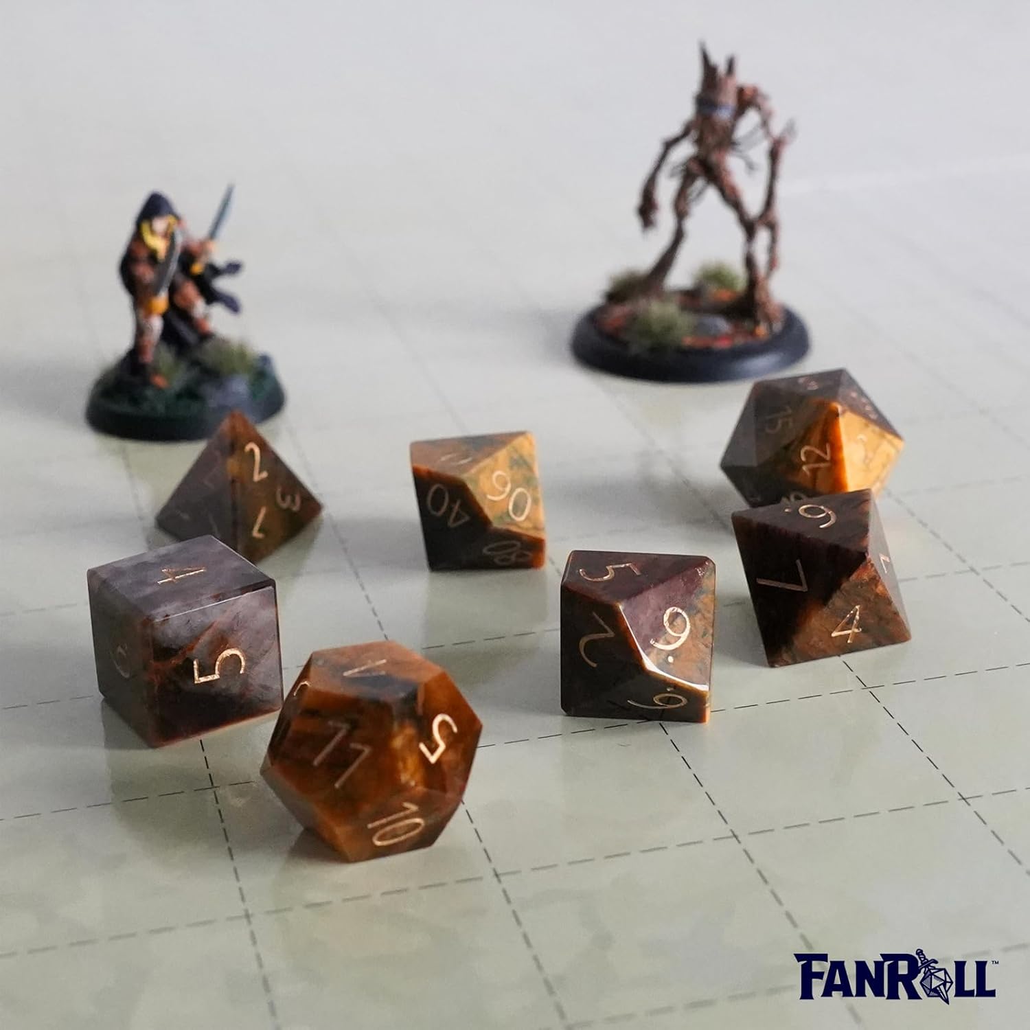 FanRoll 16mm Stone Poly DND Dice Set: Engraved Matrix Tiger's Eye, Role Playing Game Dice for Dungeons and Dragons