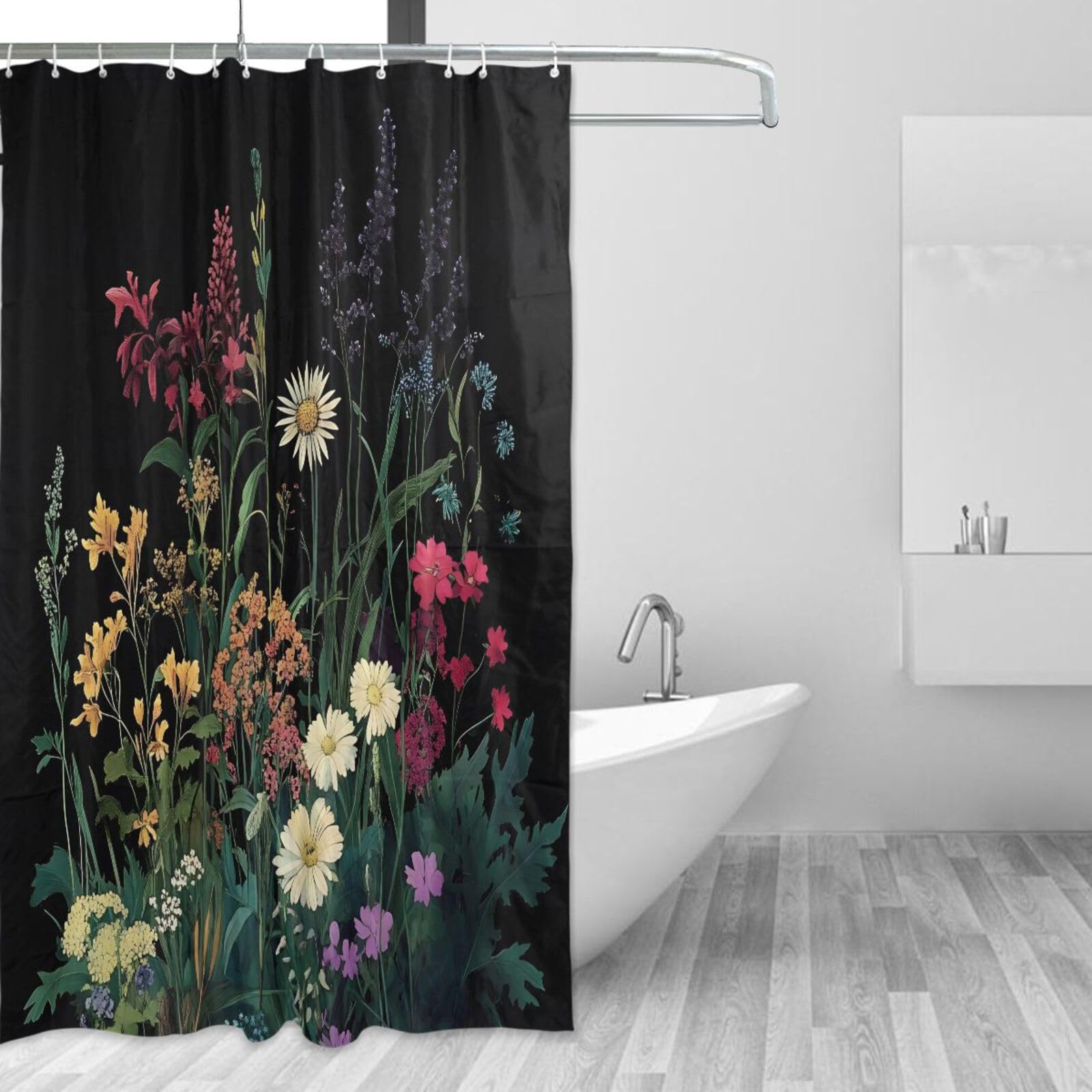 Rideau de douche fleurs sauvages noir 157x183 lavable tissu