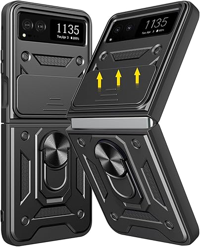 Haeuorey Motorola Razr 2023 - Funda con cubierta para cámara y soporte, protección de lente deslizante + soporte de anillo giratorio de 360,