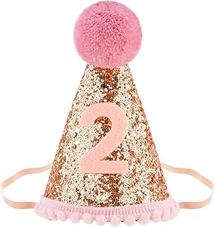 SuPoo 2nd Birthday Decorations for Girl Glitter Hat for Girls Pom-pom Ball Cone Cap Party Hat 2 Year Old Decorations Two Sweet Birthday Outfit Crown with Band