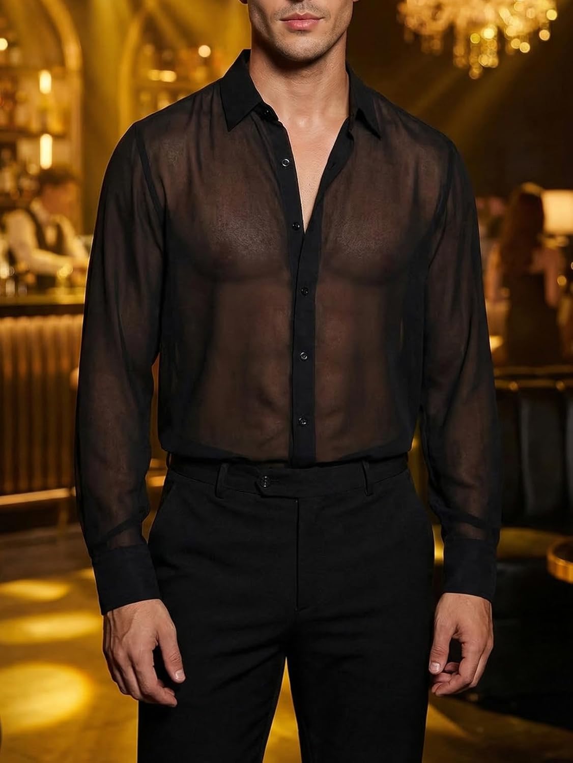 Men's Mesh Sheer See Through Long Sleeve Rave Disco Outfit Collar Button Front Party Shirt Tops