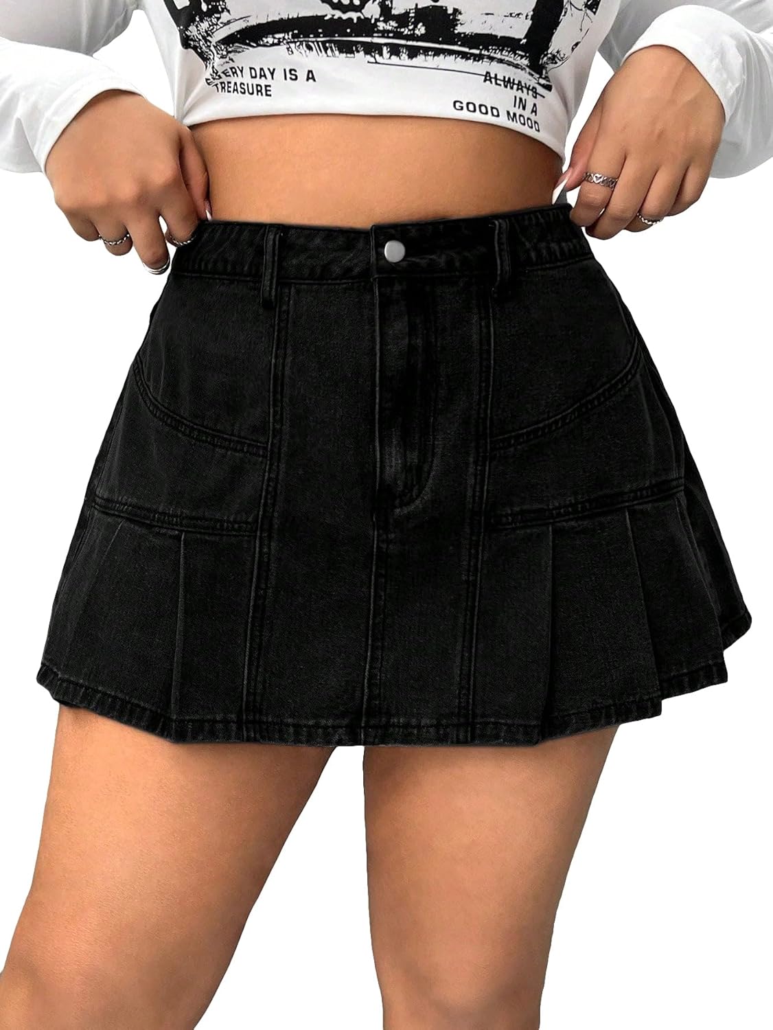 WDIRARA Women's Plus Size Denim Pleated Mini Skirts High Waist A-Line Casual Jean Skirts