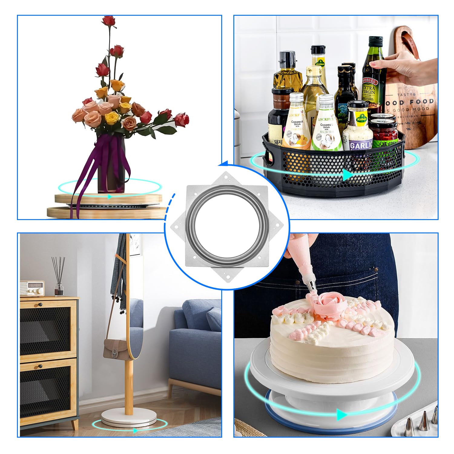 Paquete de 5 placas giratorias cuadradas de 500 libras de capacidad de 6 pulgadas, placa giratoria Lazy Susan de 6 pulgadas, rodamientos de placa cuadrada para bandejas de servir, silla de 360° 5