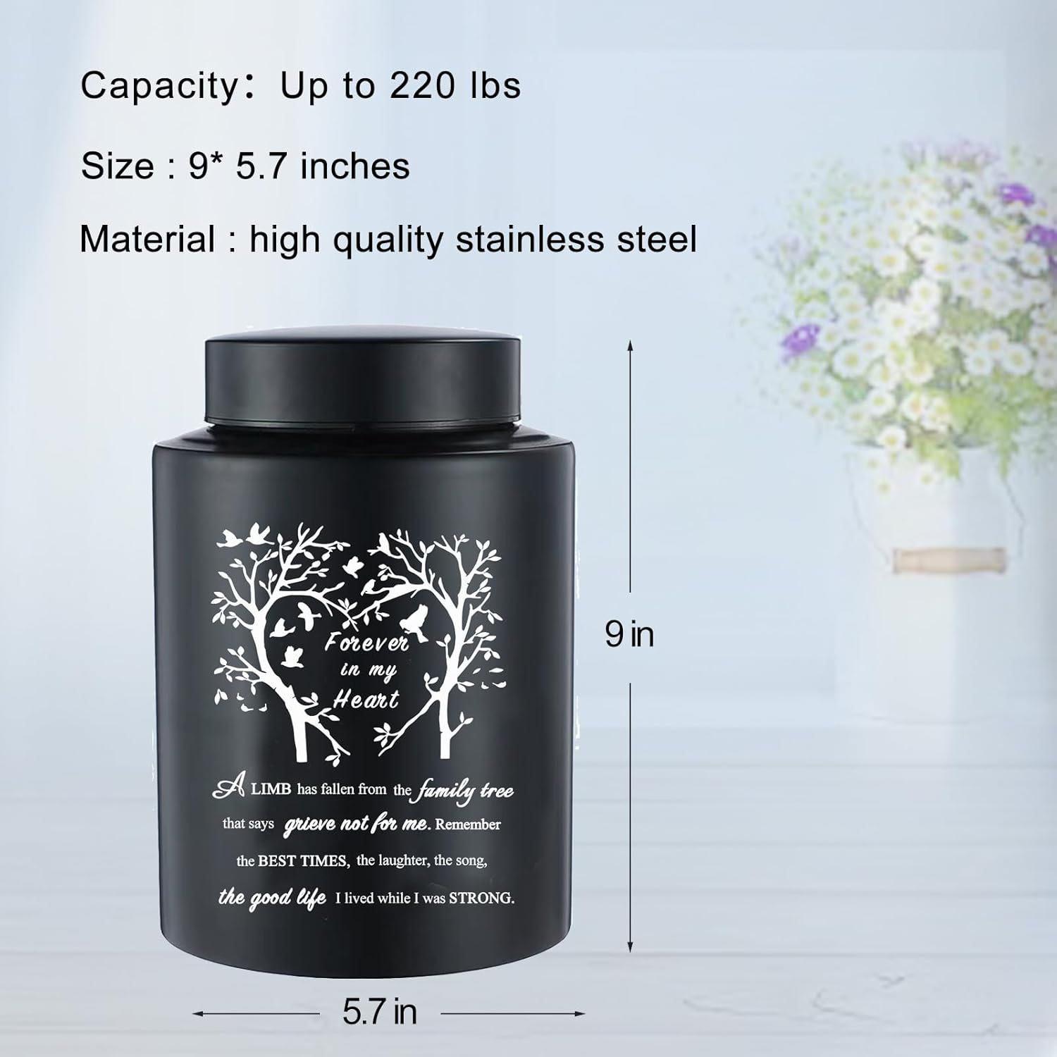 9 Inches Large Urn for Human Ashes Stainless Black Cremation Urn Adult Urn Keepsake Urn Memorial Ashes Container Up to 220Ibs - Image 4