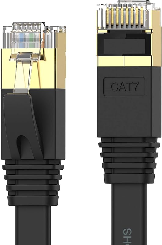 Cat7 Ethernet Cable 65FT, 10Gbps High Speed Shielded Flat RJ45 LAN Cord | Weatherproof network patch cable for gaming, PS5/4/3, Xbox, Router & modem; flexible flat cable supports neat routing